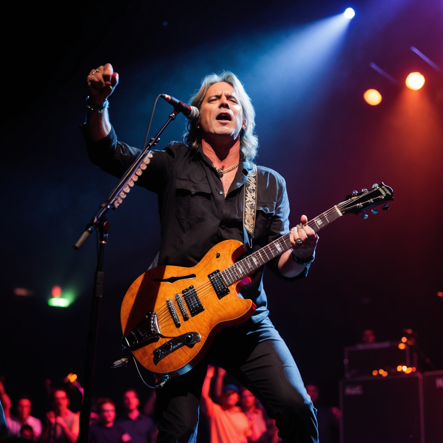 A portrait of Ed Kowalczyk performing on stage, immersed in his music, 1990s alternative rock band Live, intense and passionate atmosphere, concert scene with dim lights and a crowd, capturing the essence of an iconic rock frontman.