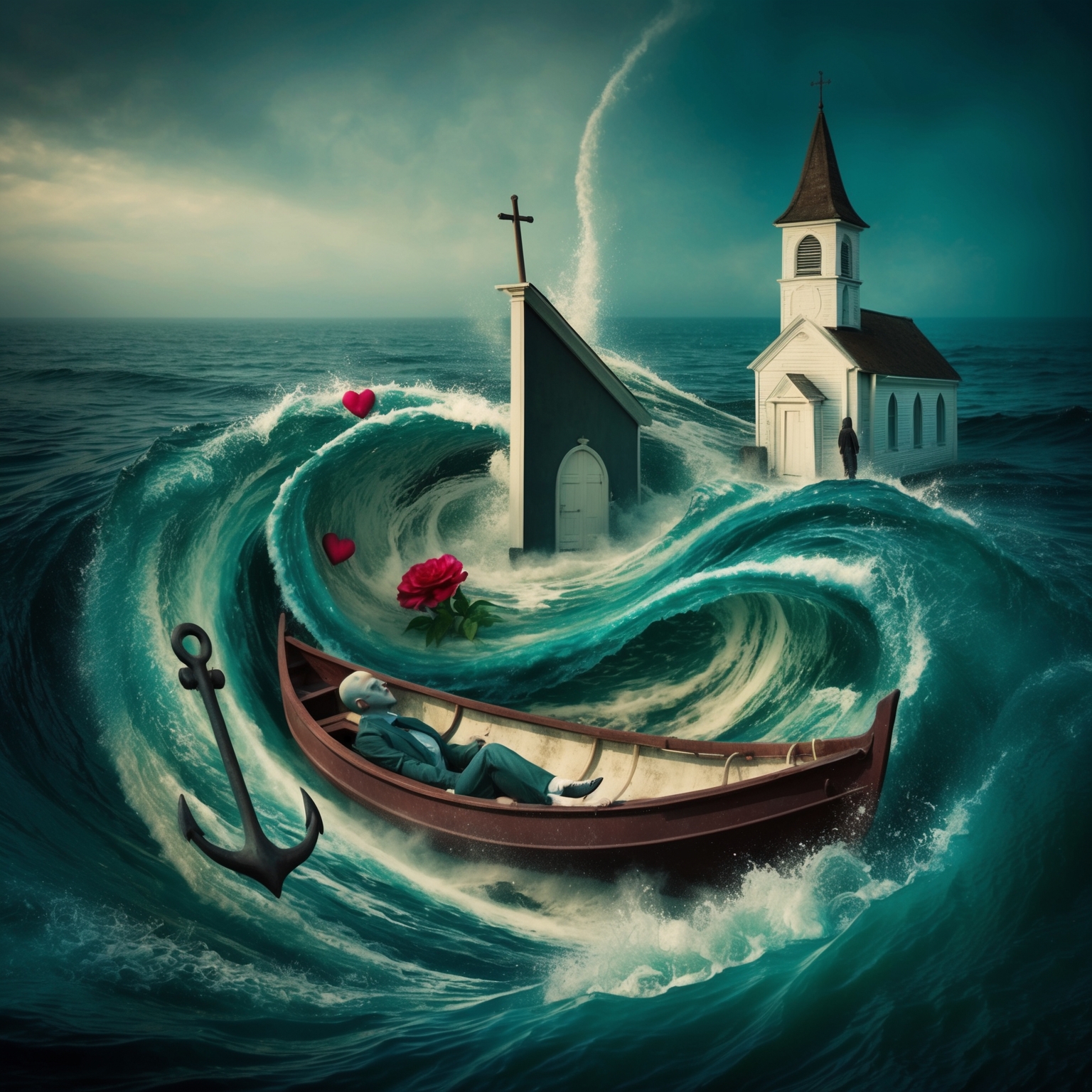 A surreal illustration depicting an isolated individual surrounded by swirling currents, symbolizing love and temptation. Include elements like a solitary church, a boat with an anchor lifted, and a shadowy figure caught in the intersection of light and shadow. The environment should evoke a mix of serenity and chaos, capturing the essence of introspection and emotional complexity. Style it in a manner that blends realism and abstraction, using muted colors with occasional vibrant hues to represent emotional highs and lows.