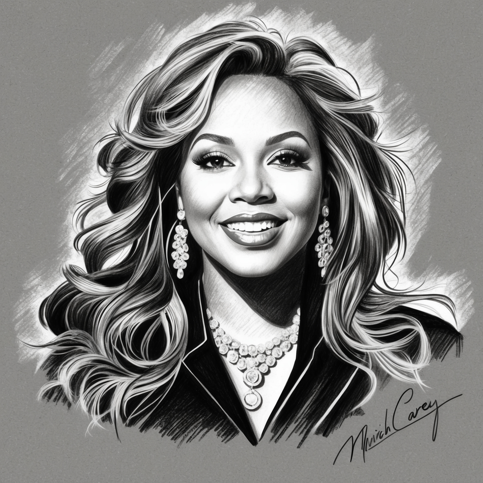 Create a black and white charcoal portrait of Mariah Carey with a half-finished, stylistic touch, capturing her essence as an iconic music artist.