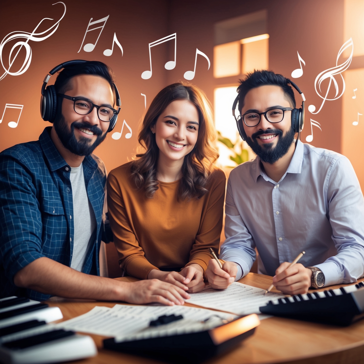 A digital illustration capturing three music composers in a creative setting. They are surrounded by musical notes and instruments, symbolizing collaboration. The environment is warm and inviting, suggesting a studio or creative workspace.