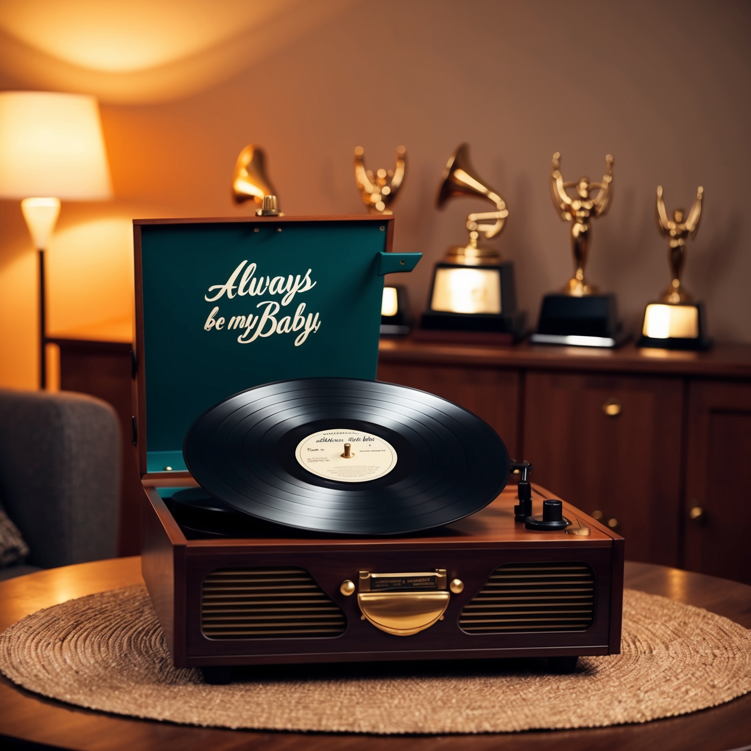 Create an image of a vintage record player with a vinyl titled 