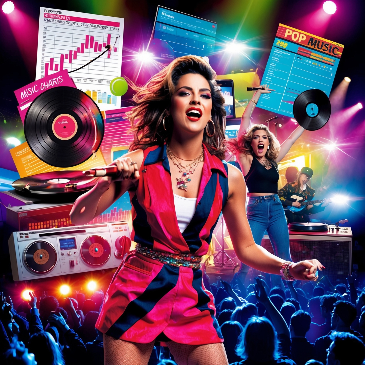 a vibrant and dynamic illustration capturing the essence of the 1990s pop music scene, featuring elements like music charts, vinyl records, and a striking image of a confident female artist performing, with a backdrop of flashing lights and enthusiastic audience members, all set in an energetic and colorful style