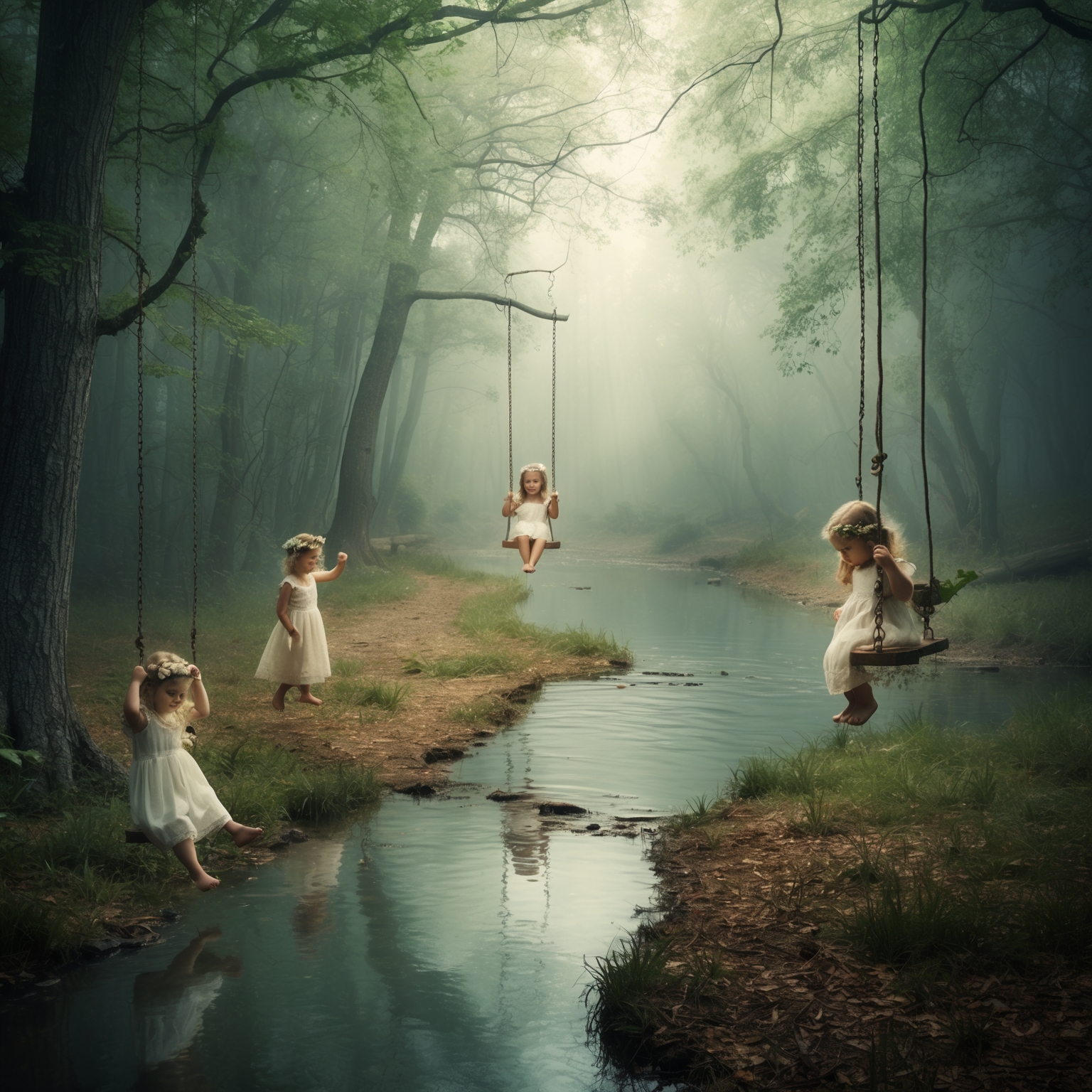 Create a serene and whimsical scene in a tranquil woodland setting with a river, capturing a nostalgic and dreamy atmosphere. Include elements like children playing and swinging, under soft, diffused lighting. The scene should evoke a sense of freedom, purity, and timeless romance, corresponding to the themes of everlasting love and innocence.