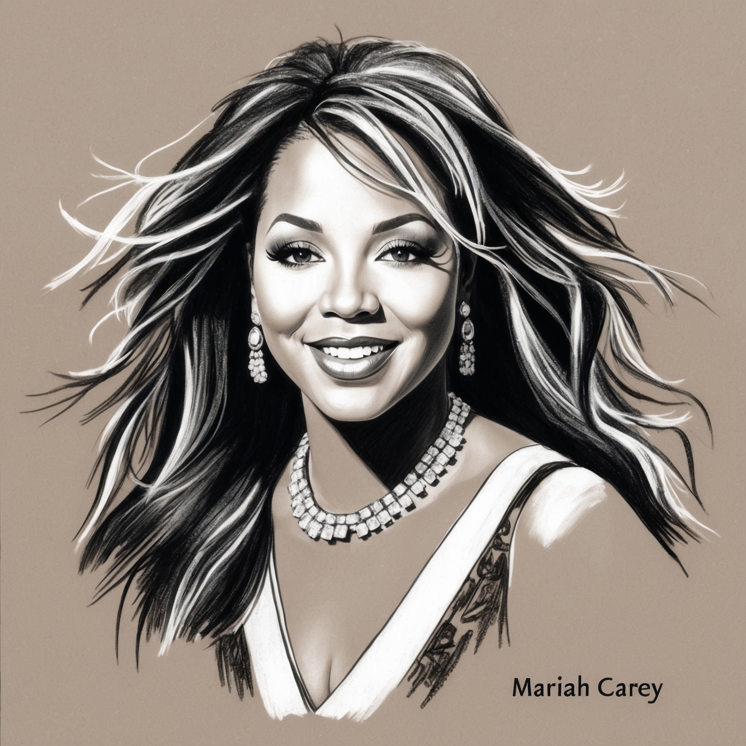 Create a black and white charcoal, stylistic drawing of Mariah Carey. The portrait should have a half finished feel, capturing her essence as the 