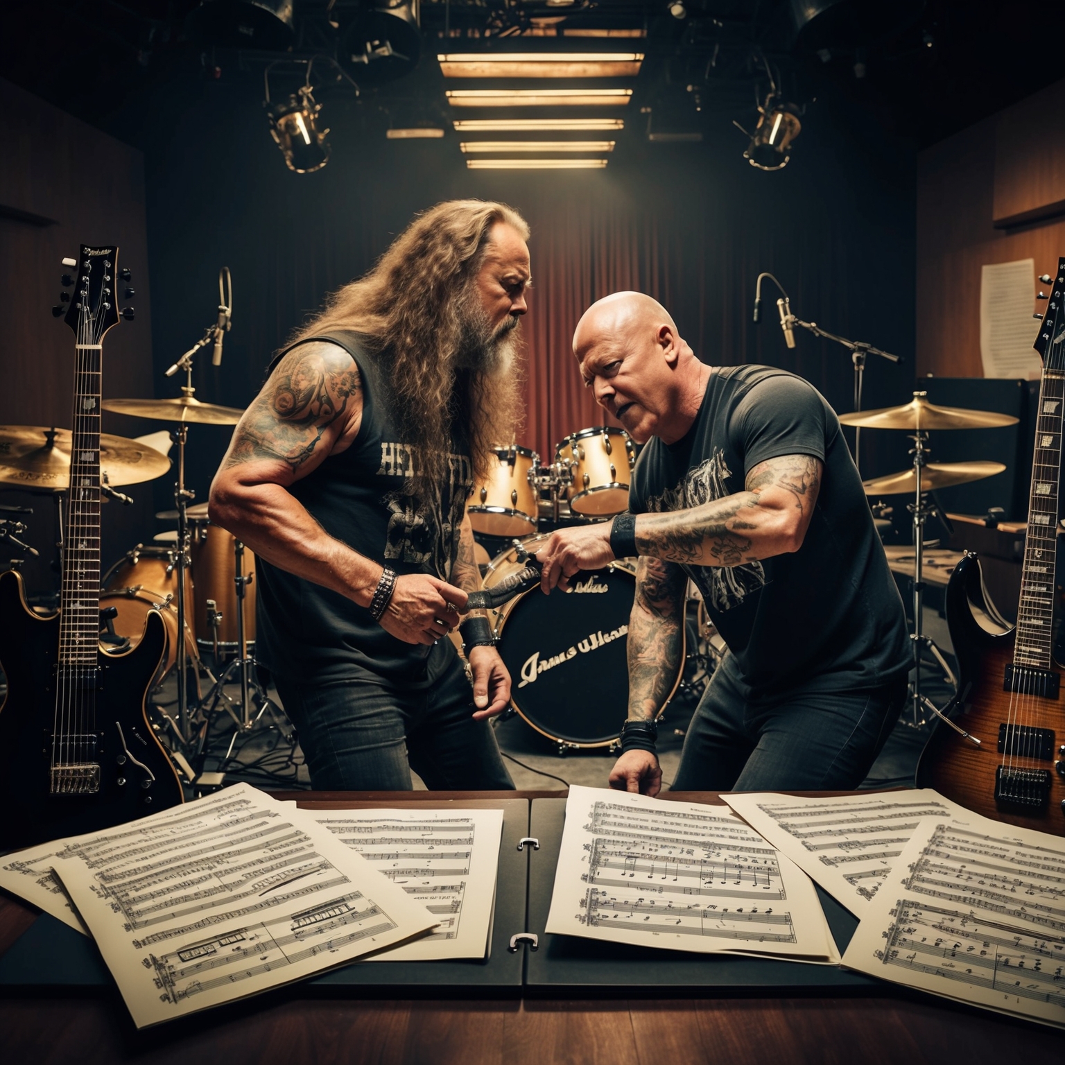 An artistic representation of James Hetfield and Lars Ulrich collaborating in a music studio, surrounded by guitars, drums, and musical sheets. The scene captures the dynamic and creative atmosphere of a powerful heavy metal composition session.