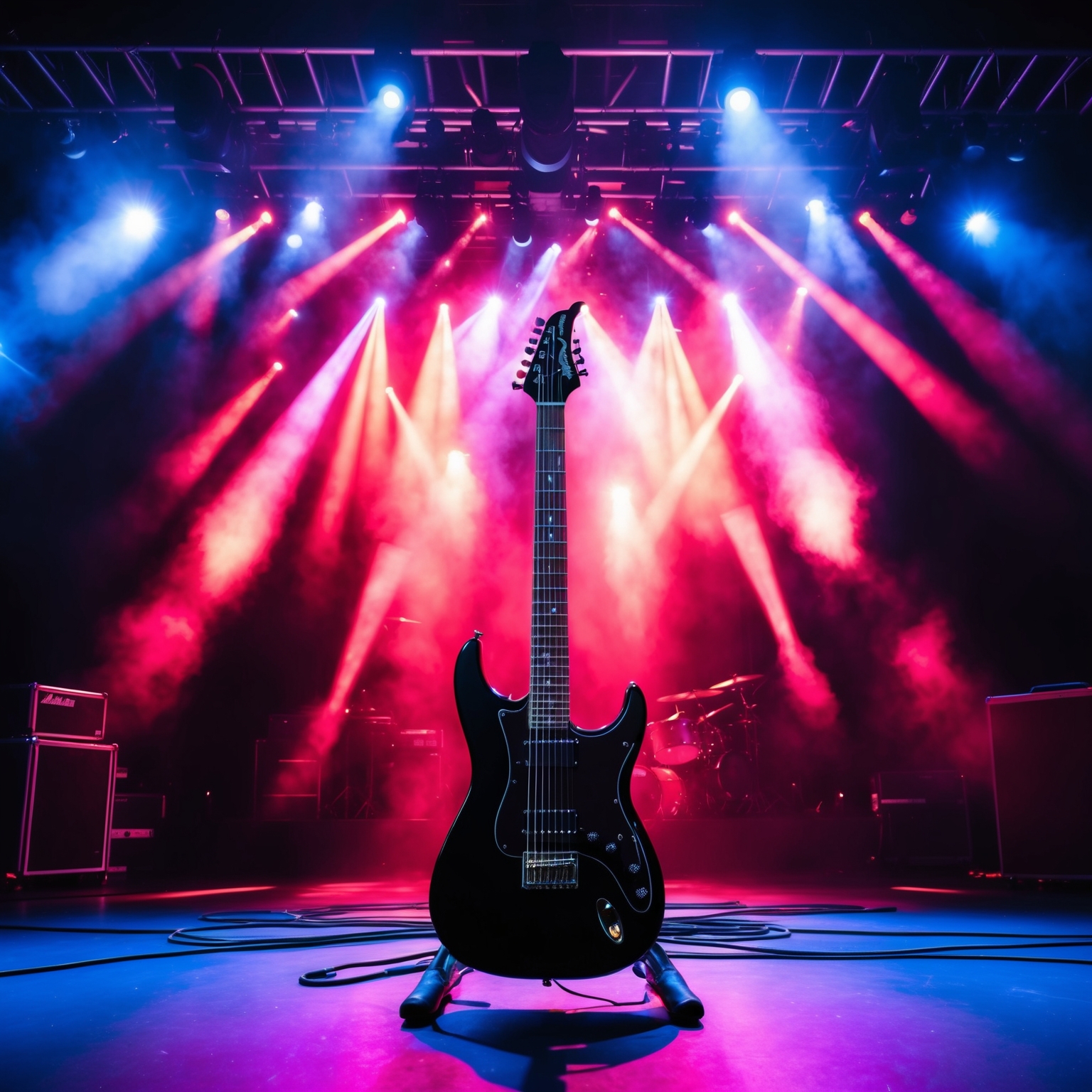 A conceptual image of a concert stage with an electric guitar at the forefront, vibrant lights pouring over it, creating a dramatic contrast, capturing the essence of a Metallica performance, hinting at the song