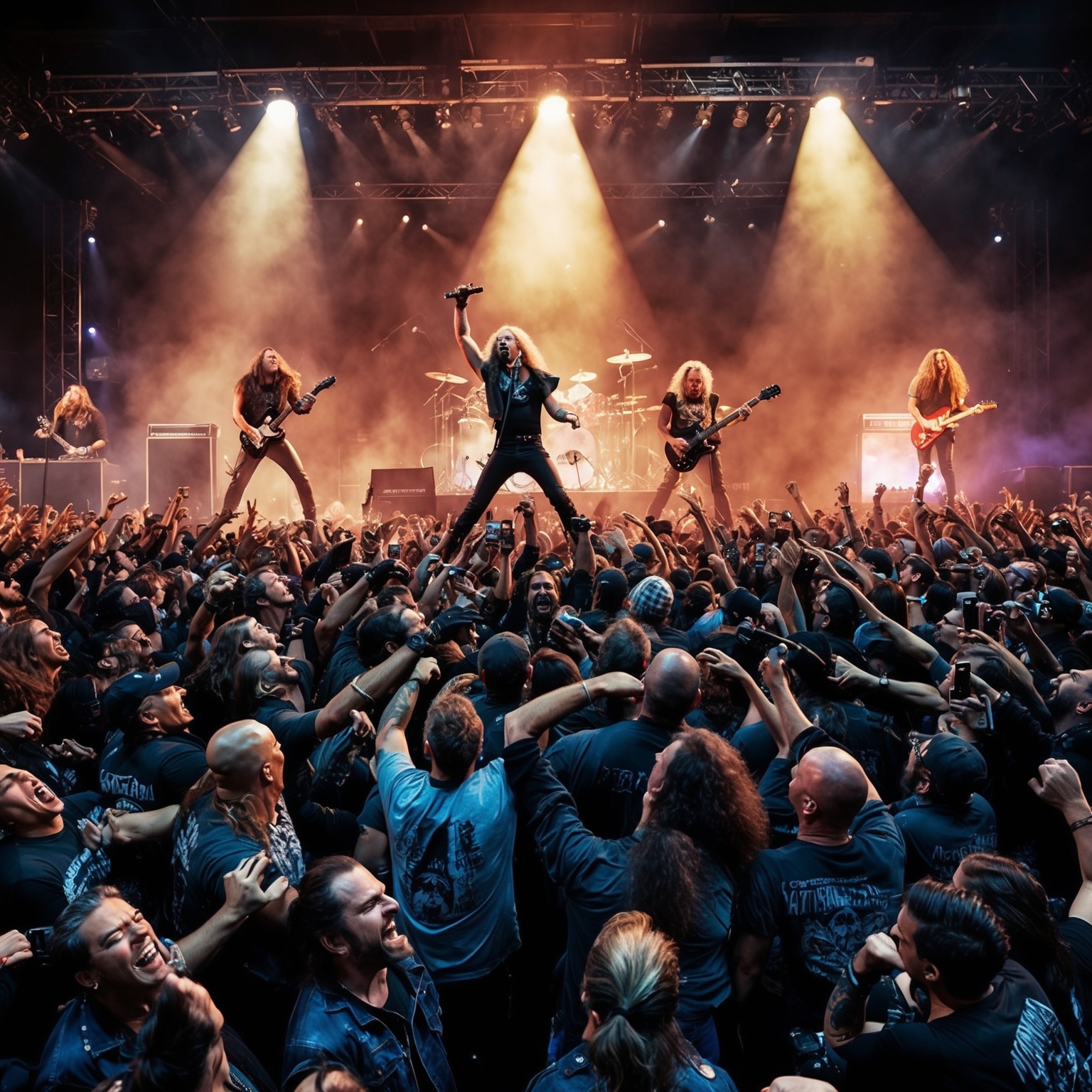 A dynamic and intense illustration of a heavy metal audience at a live concert, headbanging and enjoying the electrifying atmosphere with Metallica performing on stage, spotlight shining down on the band members, capturing the energy and spirit of an iconic metal performance in the 1980s.