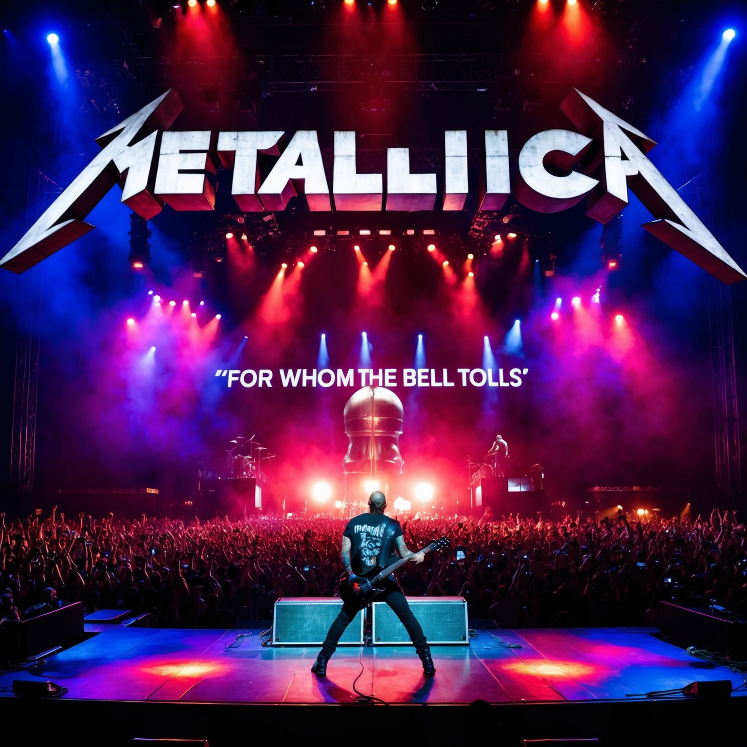 A Metallica concert stage with vibrant lighting and energetic crowd, capturing the essence of 