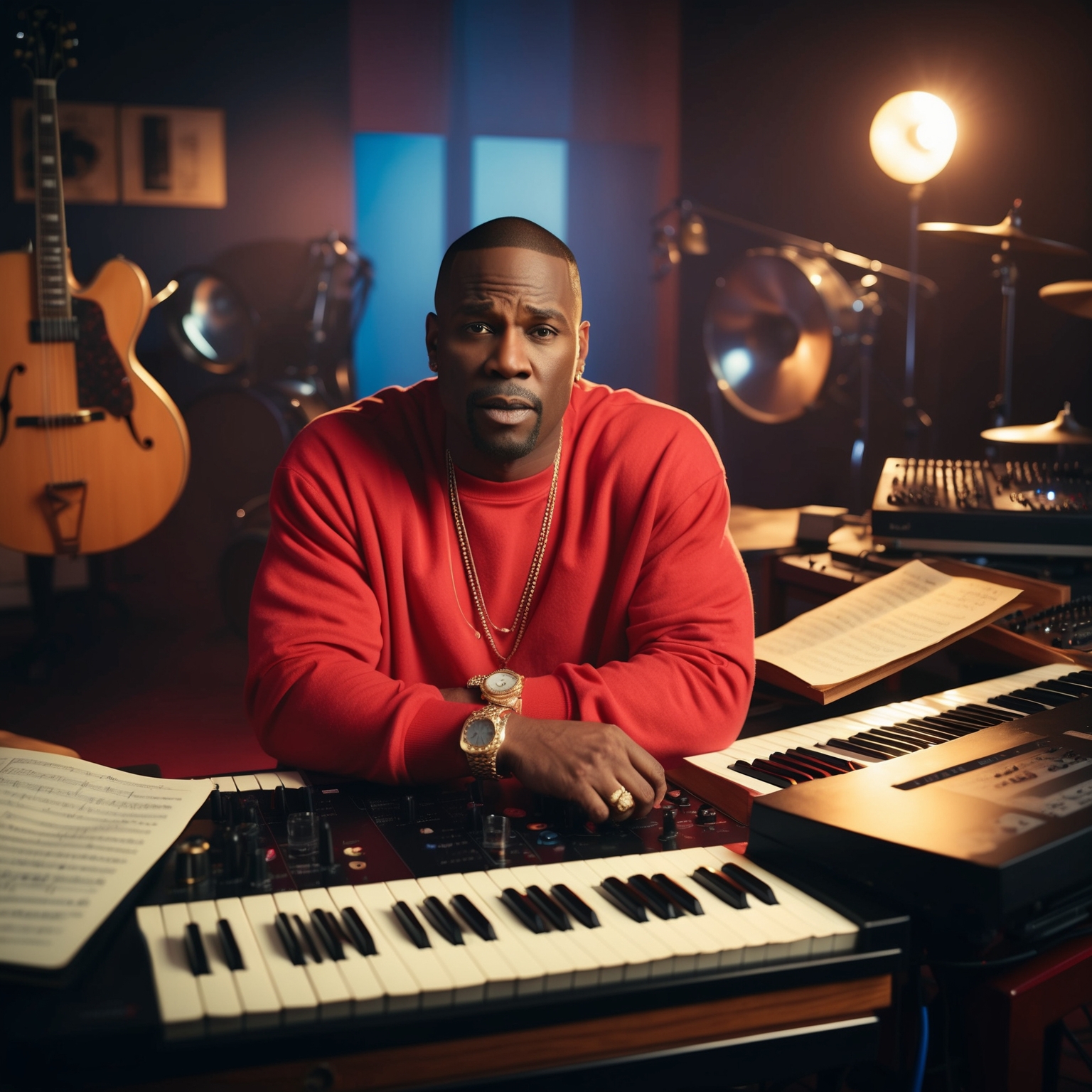 A portrait of R. Kelly in a studio setting, surrounded by musical instruments, sheet music, and recording equipment, capturing the essence of his creative process and musical genius. The atmosphere is intimate and vibrant, reflecting his influence in the R&B genre.