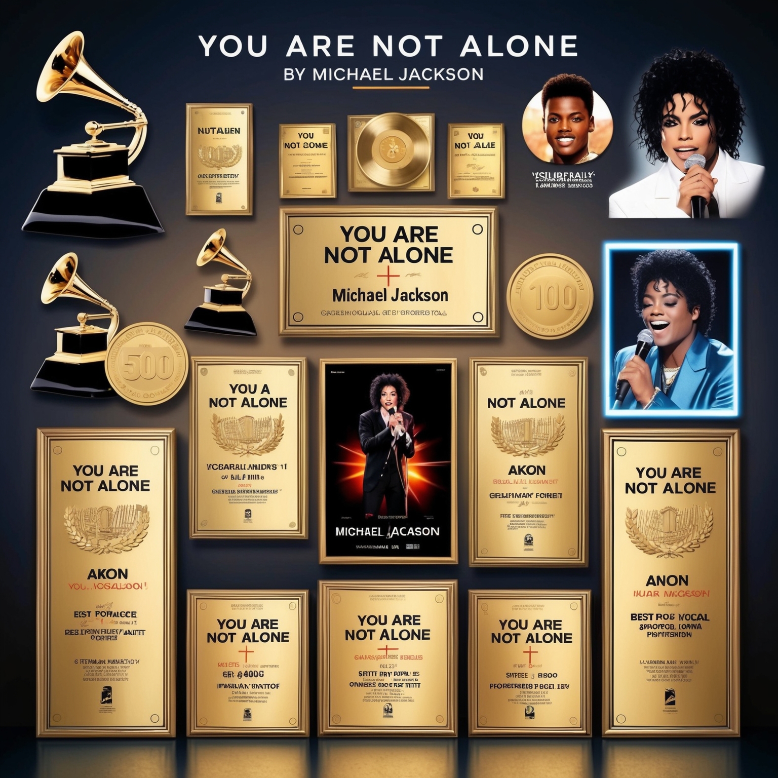 Create an illustration of musical awards and nominations plaques featuring 