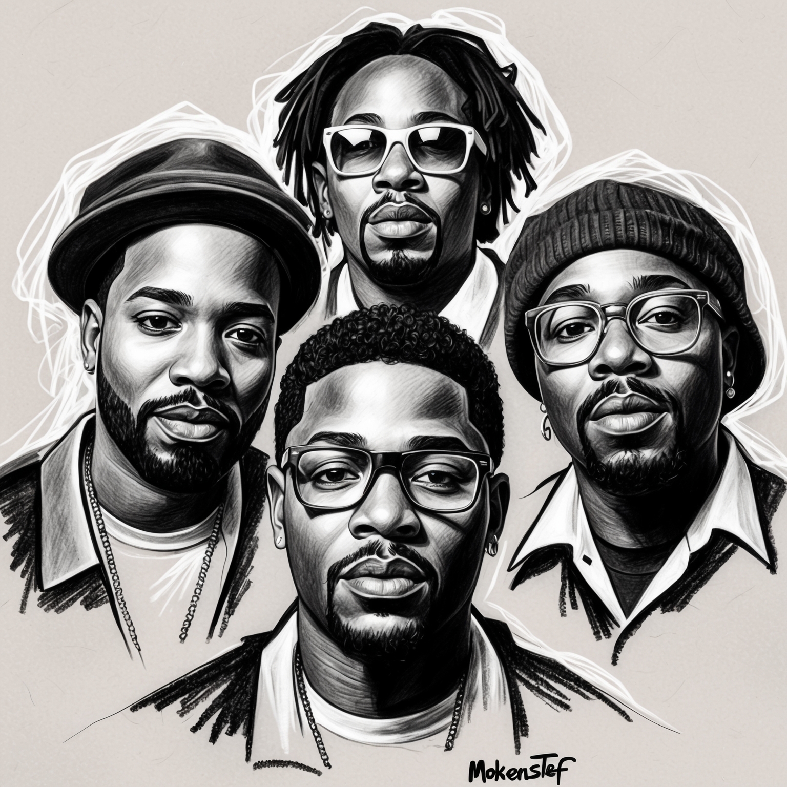 Create a charcoal, stylistic drawing of MoKenStef, capturing their essence as a 90s R&B trio. The image should be black and white with a half-finished, raw feel that emphasizes the artistic energy of the group. The drawing should reflect the vibrant yet soulful aura of the band during their prime.