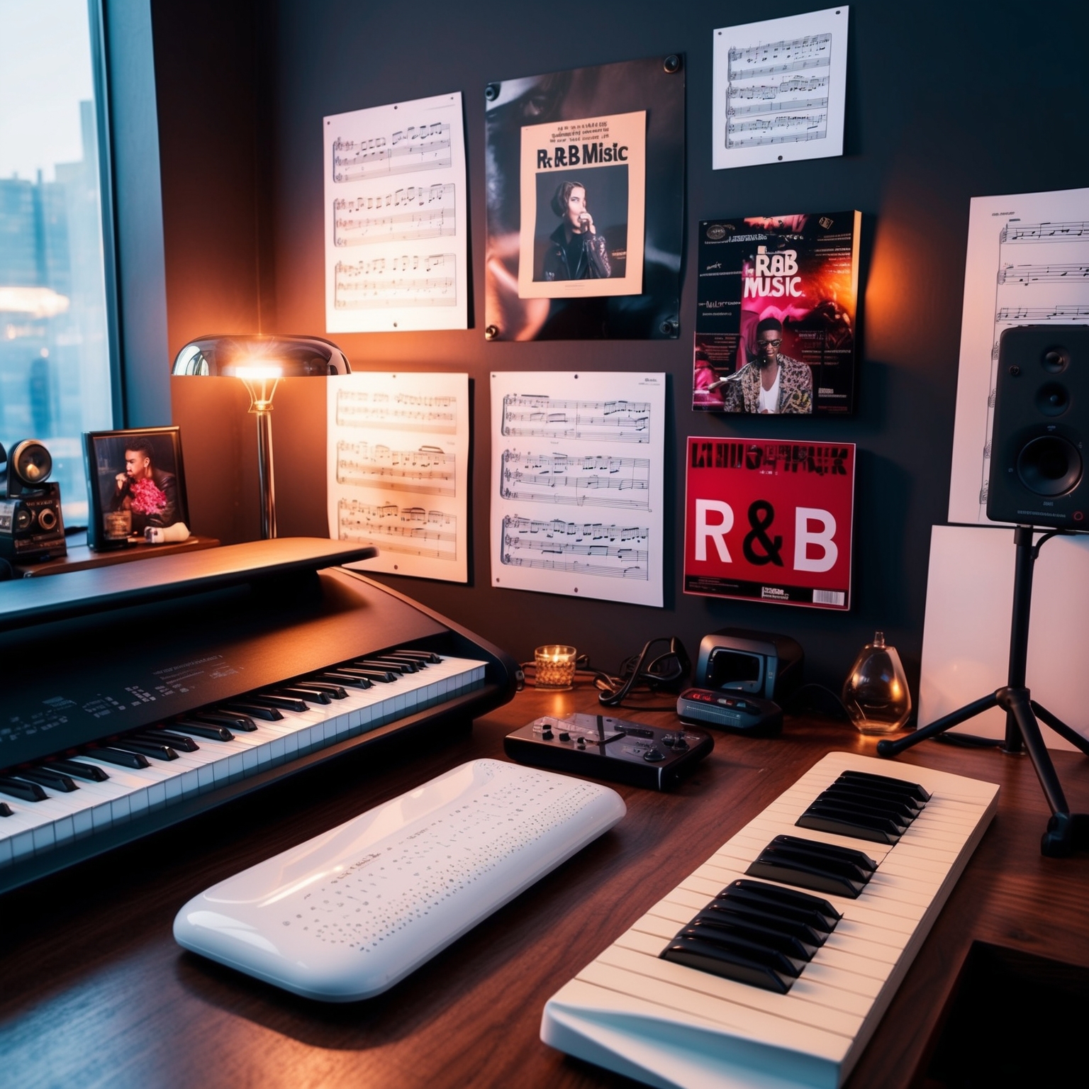 A creative workspace for music composition, with sheet music, a keyboard, and personal memorabilia related to R&B music, inspiring atmosphere, artistic setup.