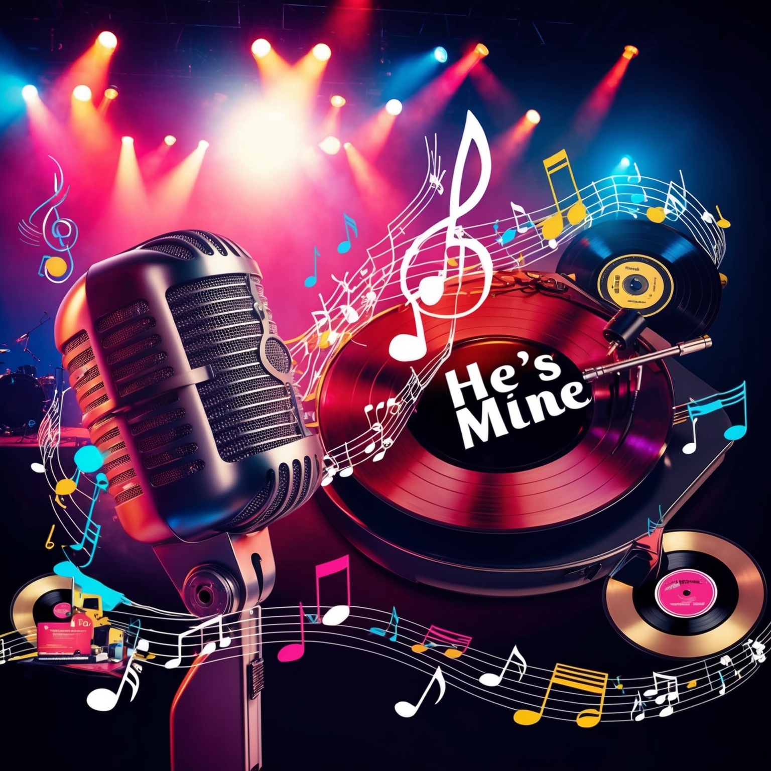 Create an image that depicts the era of 1990s R&B music, featuring elements such as retro microphones, vinyl records, and vibrant stage lights. Include representations of musical notes flowing in rhythm, capturing the essence of 90s music culture. Add subtle references to the style of MoKenStef, like their fashion or album art elements, to give a nod to the iconic track 