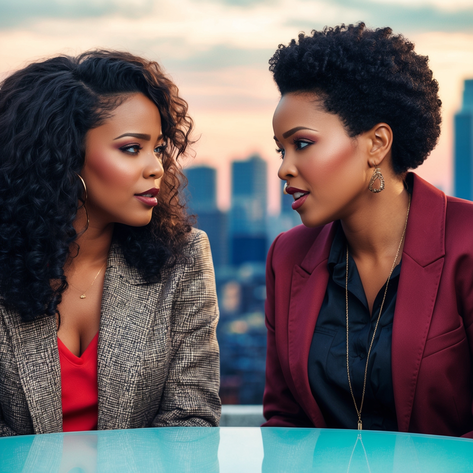 An illustration capturing the essence of 90s R&B music with a focus on themes of romantic rivalry and empowerment. Include two women having a conversation with a cityscape backdrop, adding elements of candid intimacy and emotional intensity.