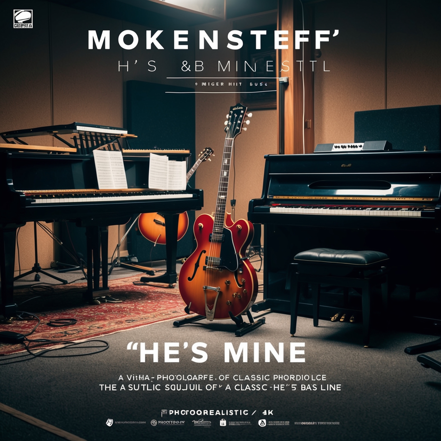 A dynamic visual of a 90s R&B music studio, focusing on classic instruments like electric pianos and guitars, with a subtle bass line, capturing the essence of MoKenStef