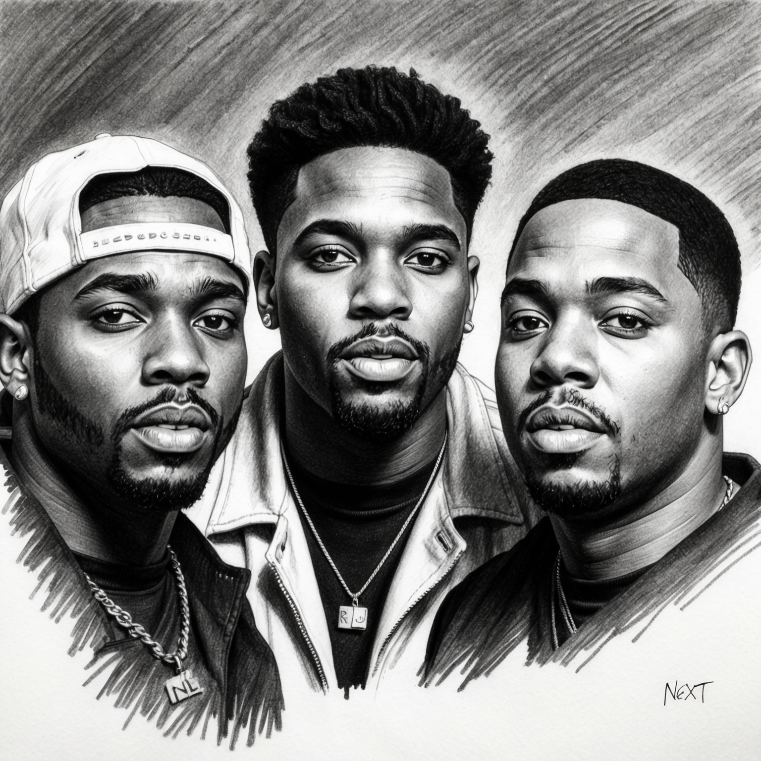 Black and white charcoal portrait of the R&B group Next, capturing a half finished stylistic drawing with a focus on their distinct features and expressions, reminiscent of late 90s music era.