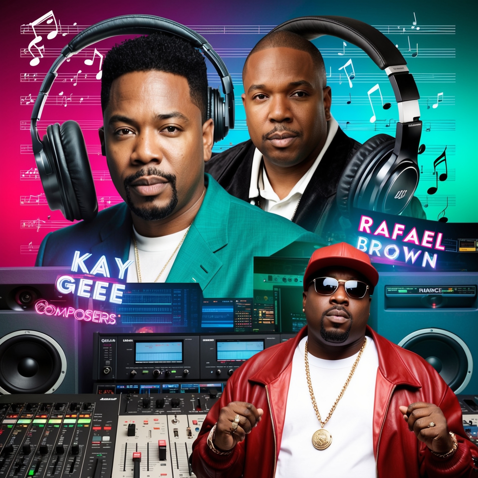 A digital collage featuring influential R&B and hip-hop composers. Include visual elements symbolizing music composition like notes, headphones, and mixing consoles. Highlight Kay Gee, Darren Lighty, and Rafael Brown in styles reminiscent of the late 1990s music scene. Make it vibrant, capturing the fusion of R&B and hip-hop energy.