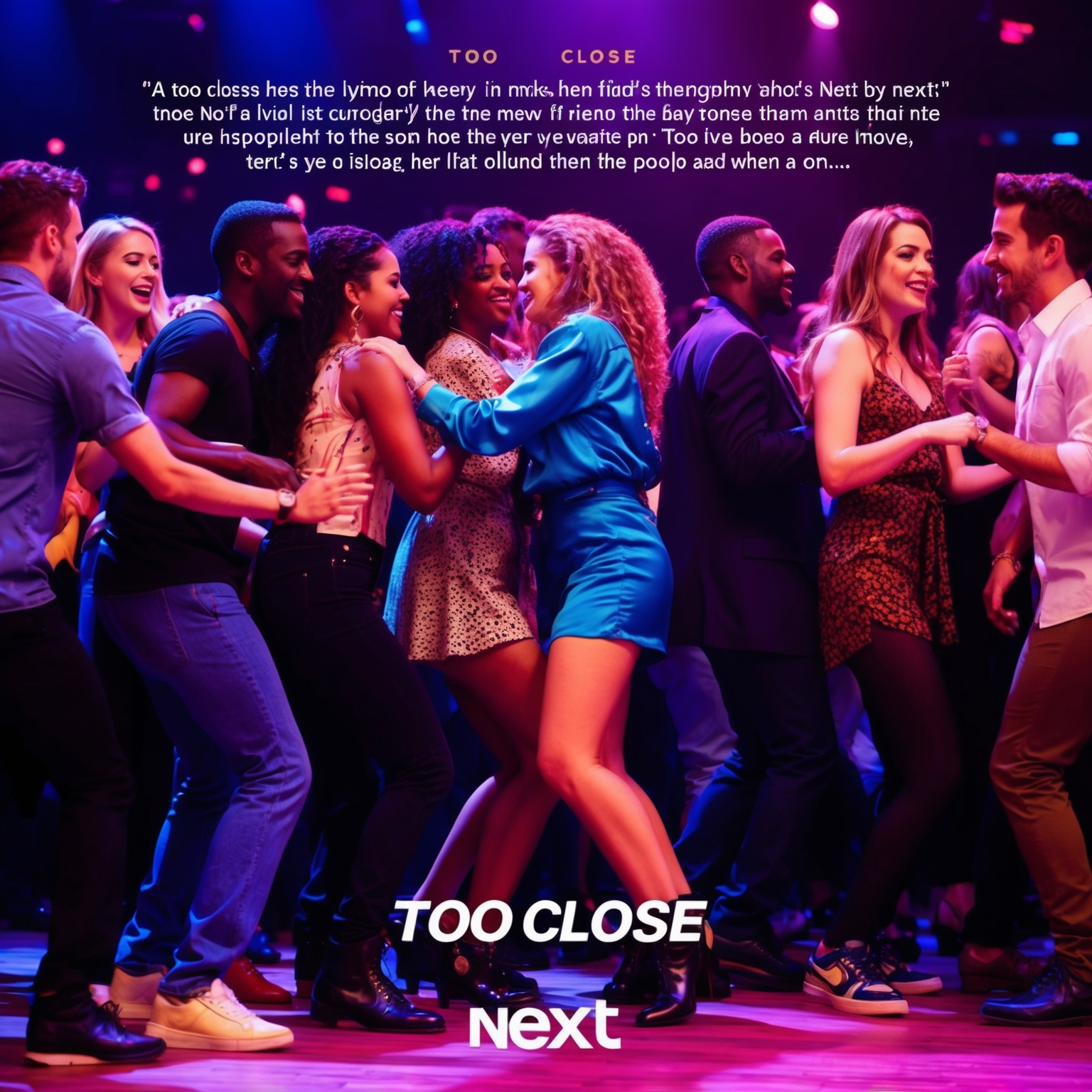 Illustration of a lively dance floor with people engaging closely, capturing the vibrant and intimate atmosphere described in the song lyrics 