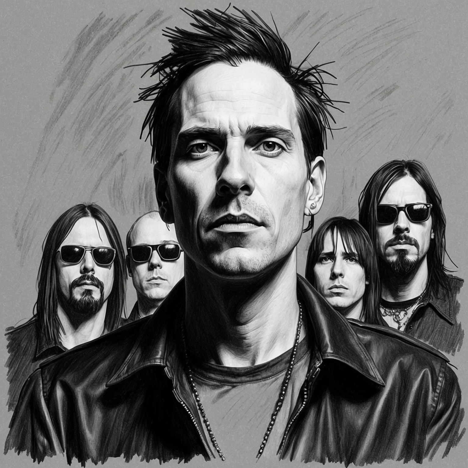 Create a charcoal, stylistic drawing of Nine Inch Nails. Focus on Trent Reznor at the center but include faint outlines of live band members in a half-finished style. The portrait should have a raw, black and white aesthetic that captures the intense, industrial nature of the band