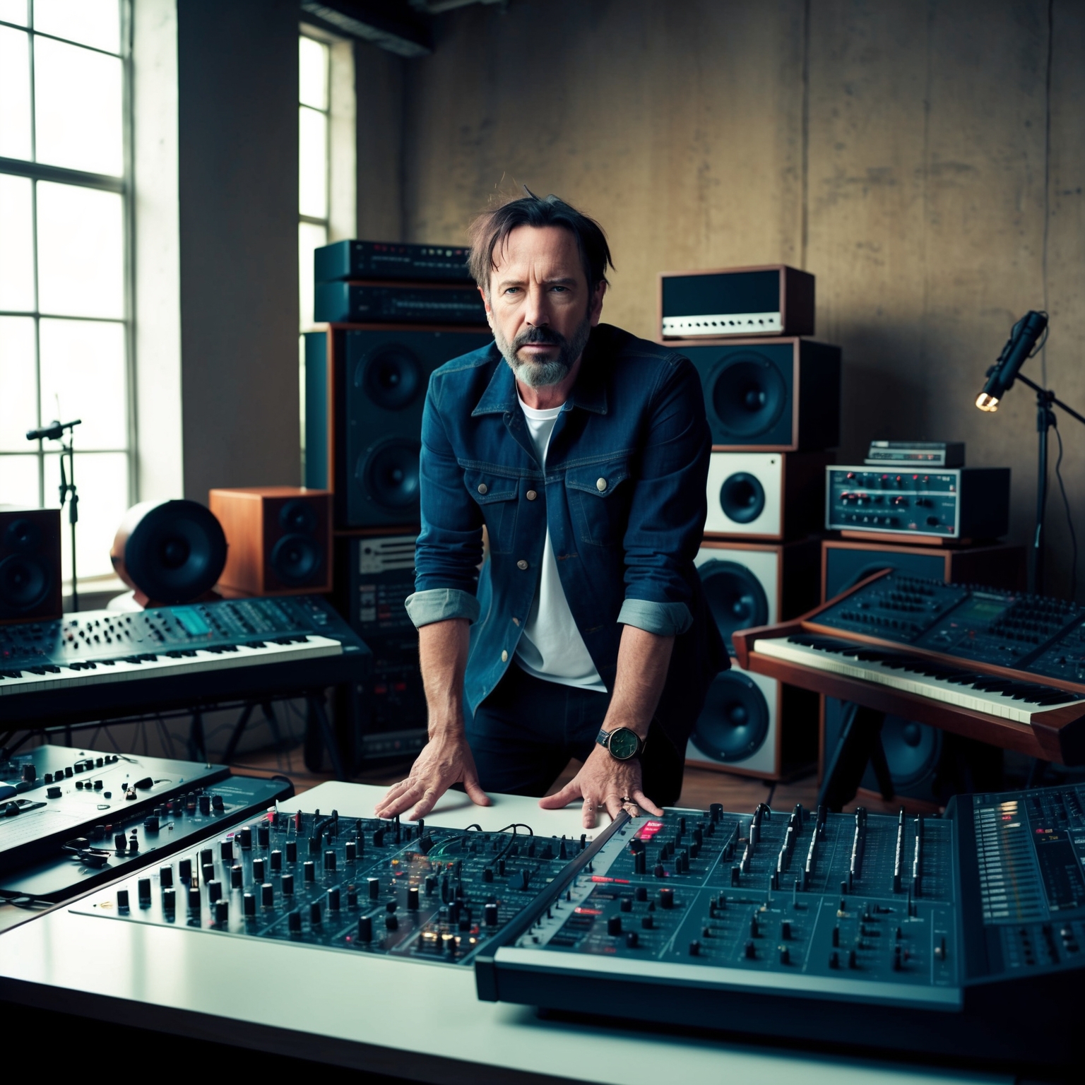 A dynamic portrait of Trent Reznor in a studio, surrounded by synthesizers and recording equipment, capturing his innovative spirit as an industrial rock composer. The setting should reflect a modern yet edgy atmosphere, indicative of his unique style in the music industry.