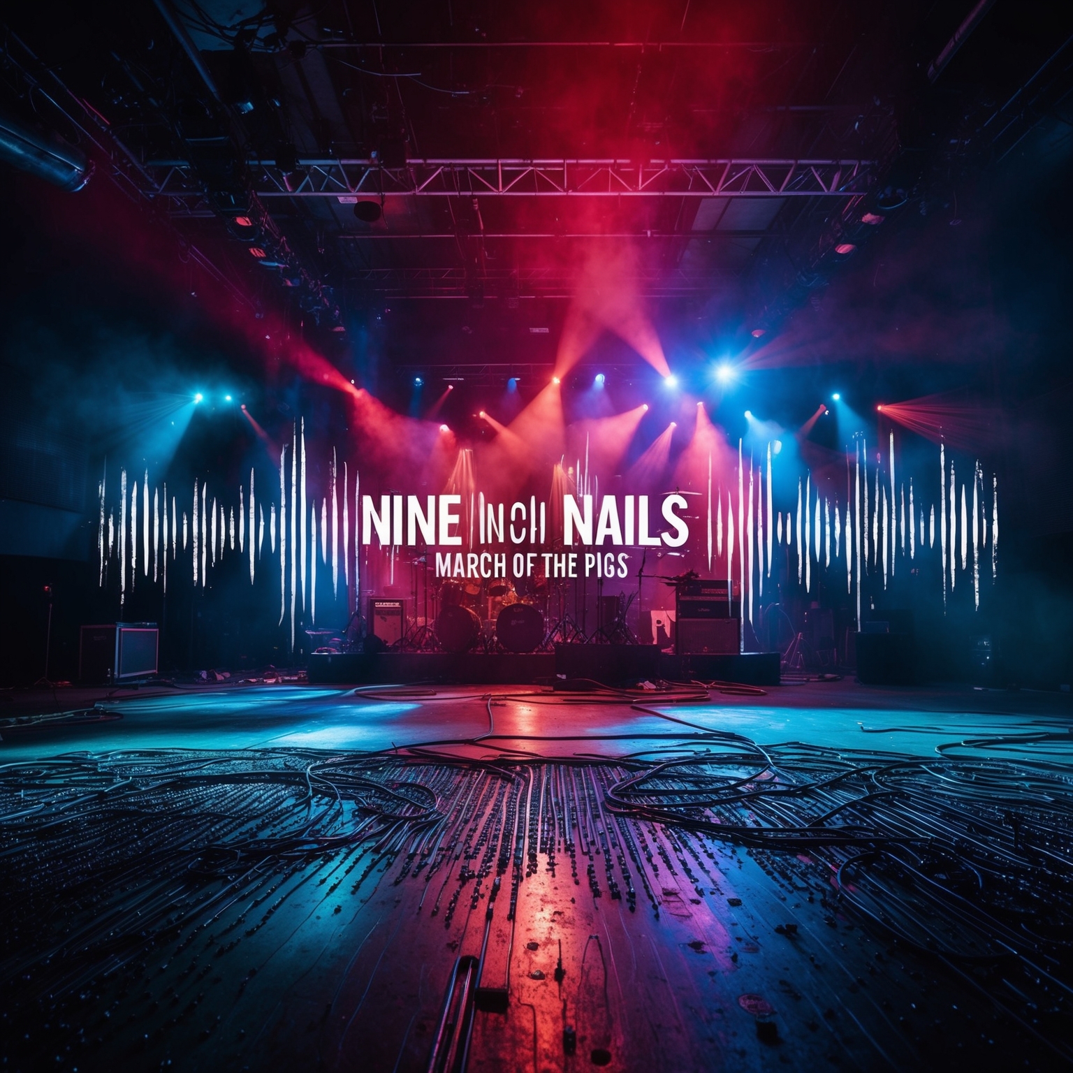 Create an image depicting a dynamic scene inspired by industrial rock music, featuring an intense energy similar to live performances of Nine Inch Nails. Elements can include a gritty urban concert atmosphere, pulsing lights, and abstract patterns reminiscent of sound waves, capturing the raw essence of the song "March of the Pigs".