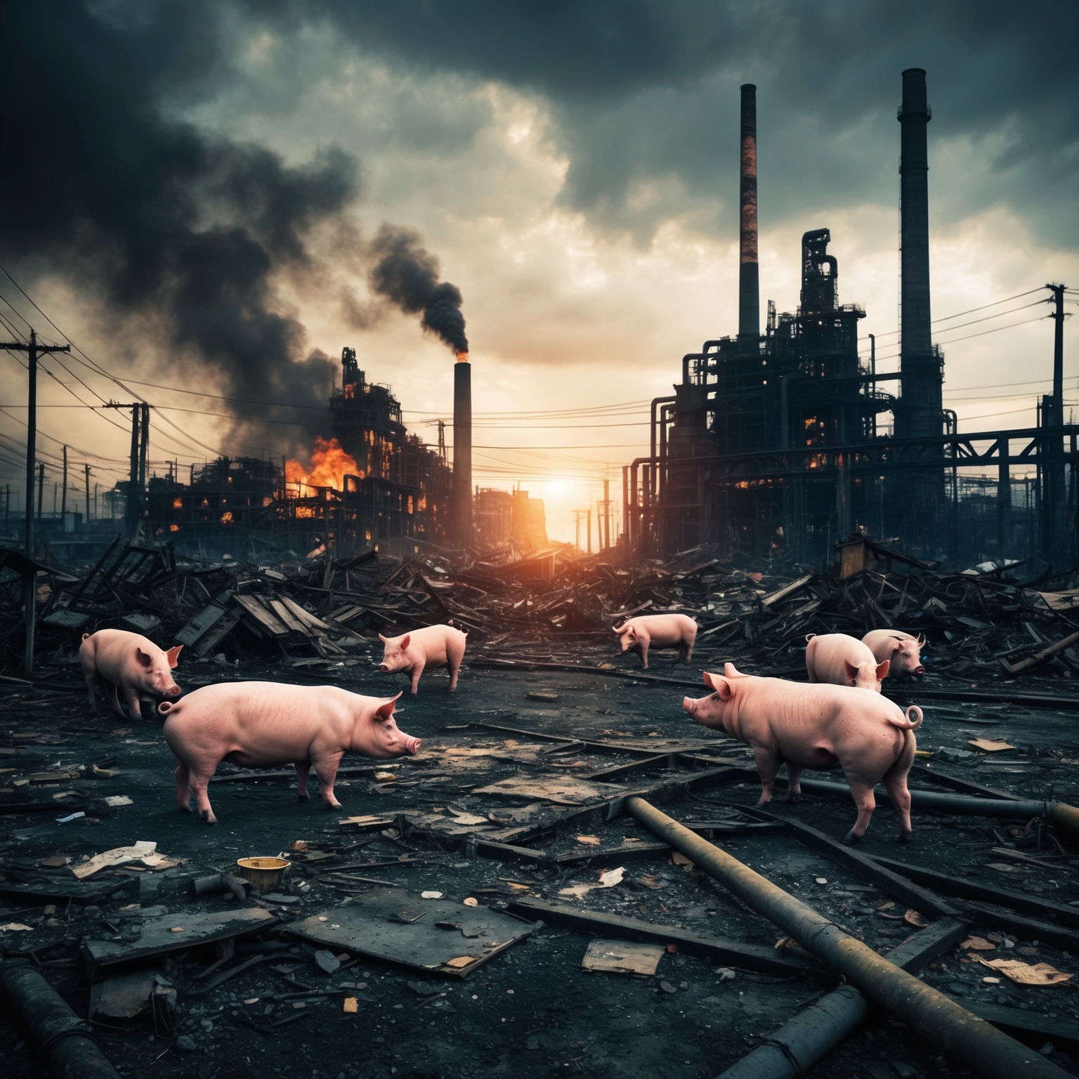 A dynamic and intense depiction of a chaotic industrial landscape, reflecting themes of societal decay and rebellion. The scene should capture a sense of urgency and tension, with metaphorical elements like pigs symbolizing greed. The color palette is stark and evocative, conveying raw energy and disillusionment.