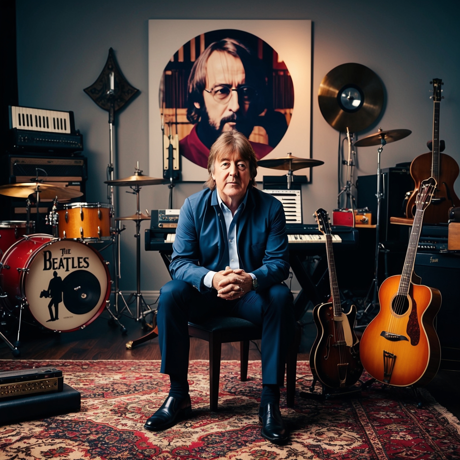 Capture the essence of Paul McCartney as a legendary composer in a creative studio setting, surrounded by musical instruments and iconic symbols from The Beatles era, reflecting his innovative and timeless influence in music.