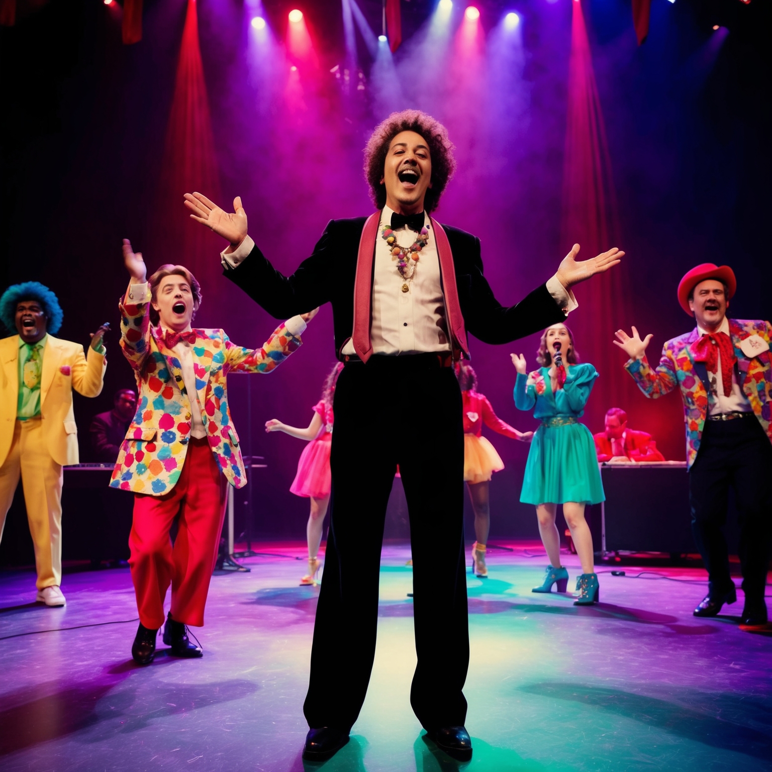 A vibrant, playful music video setting featuring a musician playing multiple roles. The scene includes colorful costumes, lively facial expressions, and a concert-like atmosphere, reminiscent of early 1980s music videos, enhancing the song