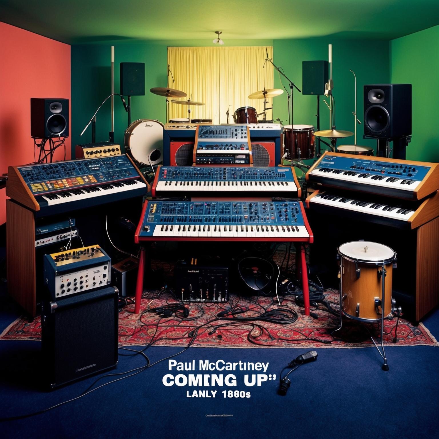 Create an image depicting a vibrant music studio setting from the late 1970s to early 1980s, showcasing various musical instruments like synthesizers, bass guitar, and percussion instruments. Highlight the experimental and upbeat energy of Paul McCartney