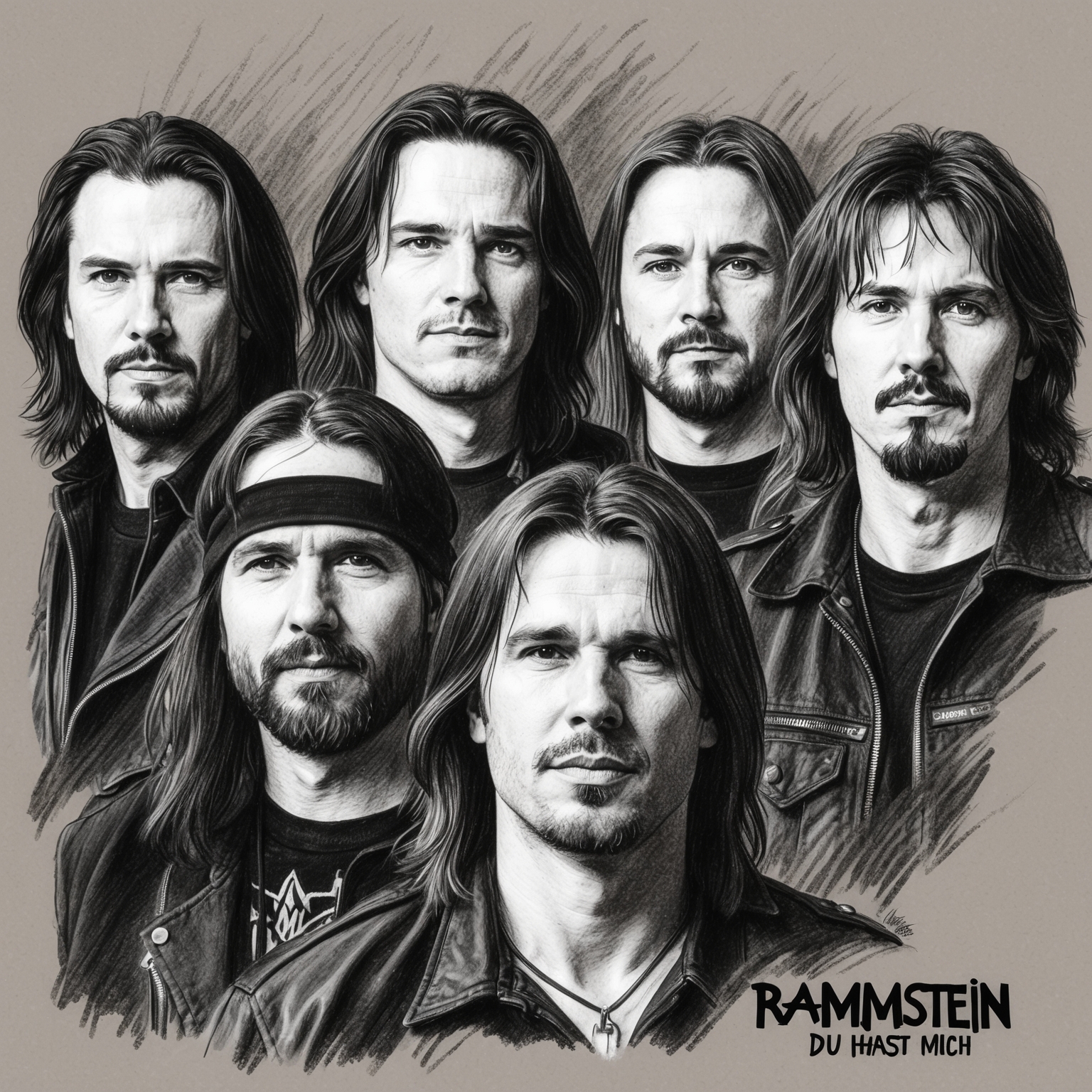 Create a charcoal, stylistic drawing of Rammstein, the German industrial metal band known for 