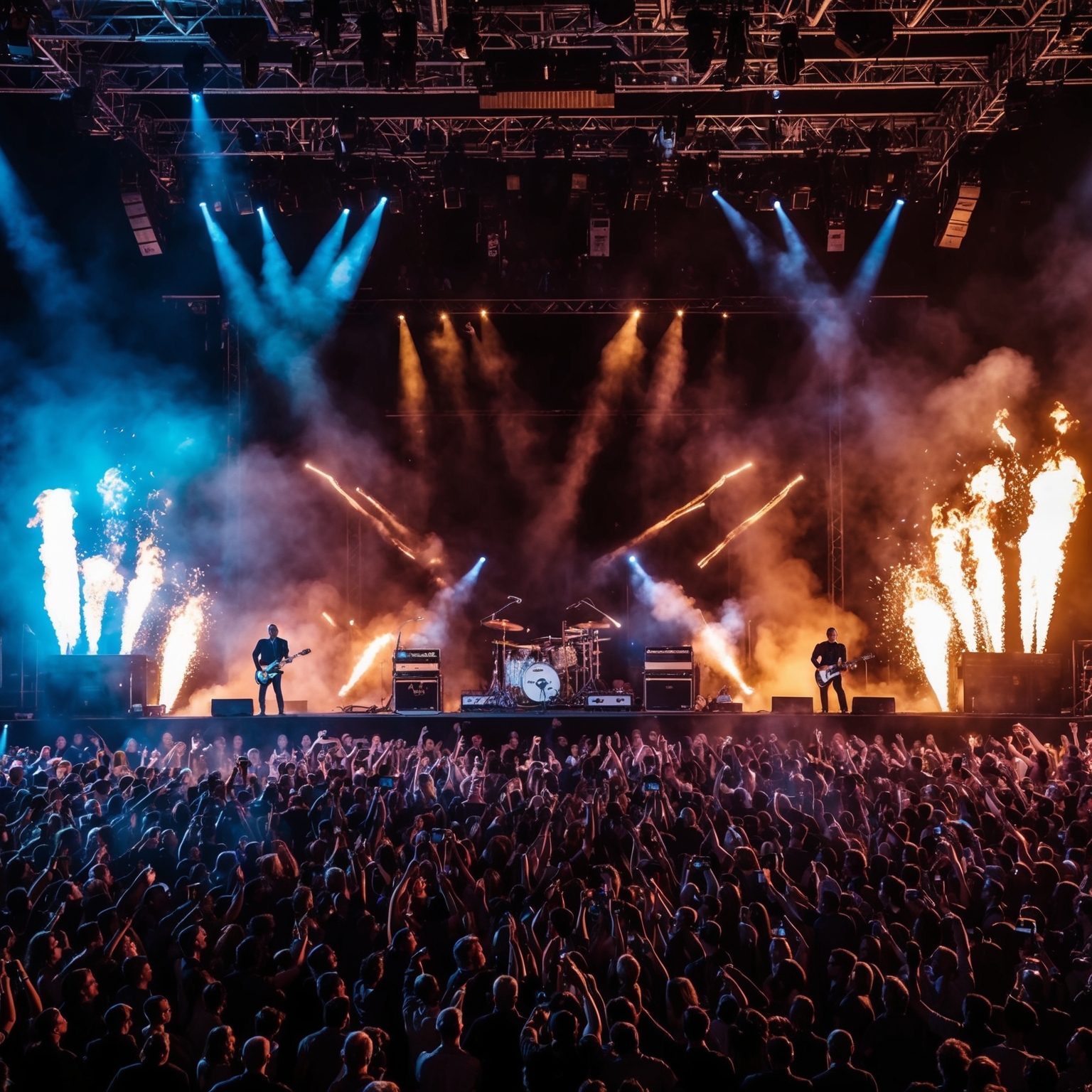 A dynamic and energetic visual representation of an industrial metal concert setting, with a large crowd, intense light effects, and a band performing on stage. Instruments like electric guitars, drums, and pyrotechnics are visible, capturing the essence and power of a live performance. The setting should reflect a dark, moody atmosphere often associated with Rammstein