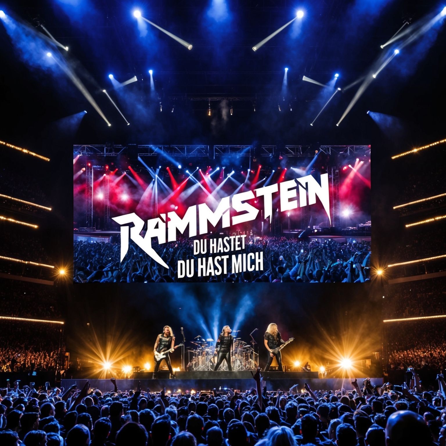 A dynamic and powerful concert scene, showcasing a live performance of Rammstein with intense lighting and a captivated crowd, visually representing the success and impact of 