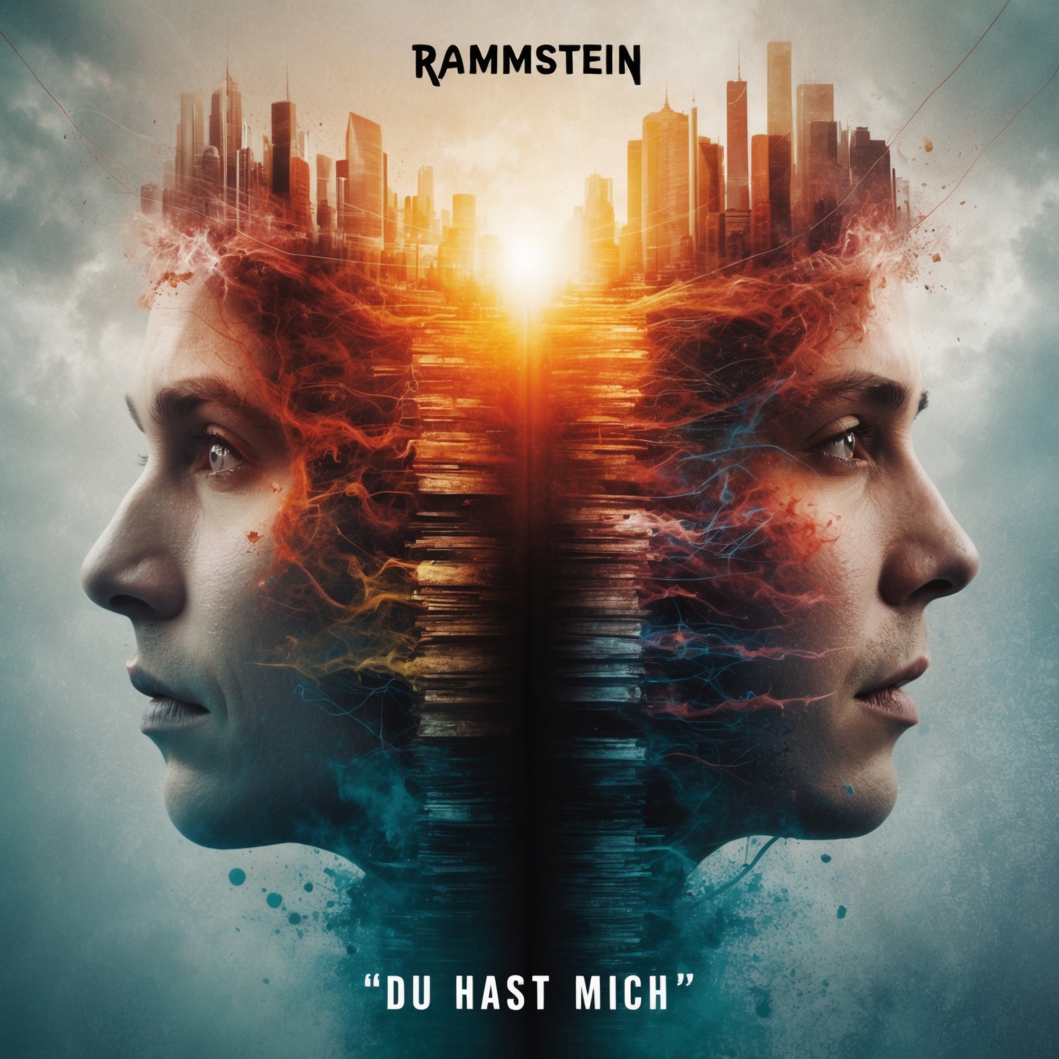 A vivid illustration capturing the essence of emotional complexity and duality, influenced by the thematic layers in Rammstein