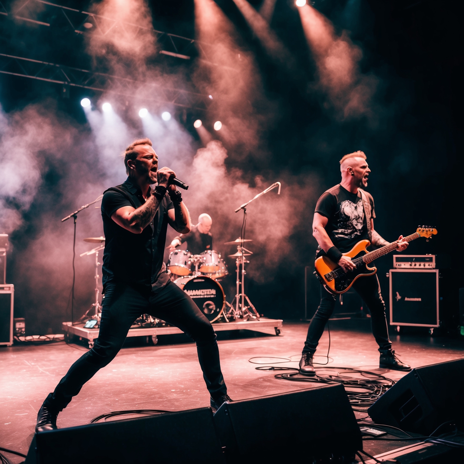 Create an image that captures the essence of an industrial metal band performing live. The setting is a dimly-lit stage filled with atmospheric smoke and dramatic lighting. The focus is on a vocalist delivering intense lyrics with passion, accompanied by a guitarist playing heavy, distorted riffs. In the background, a drum set and electronic equipment are visible, adding layers to the sound. The image should convey a sense of power, energy, and the unique ambiance typical of an industrial metal concert, reflecting both the raw intensity and intricate musical composition found in Rammstein