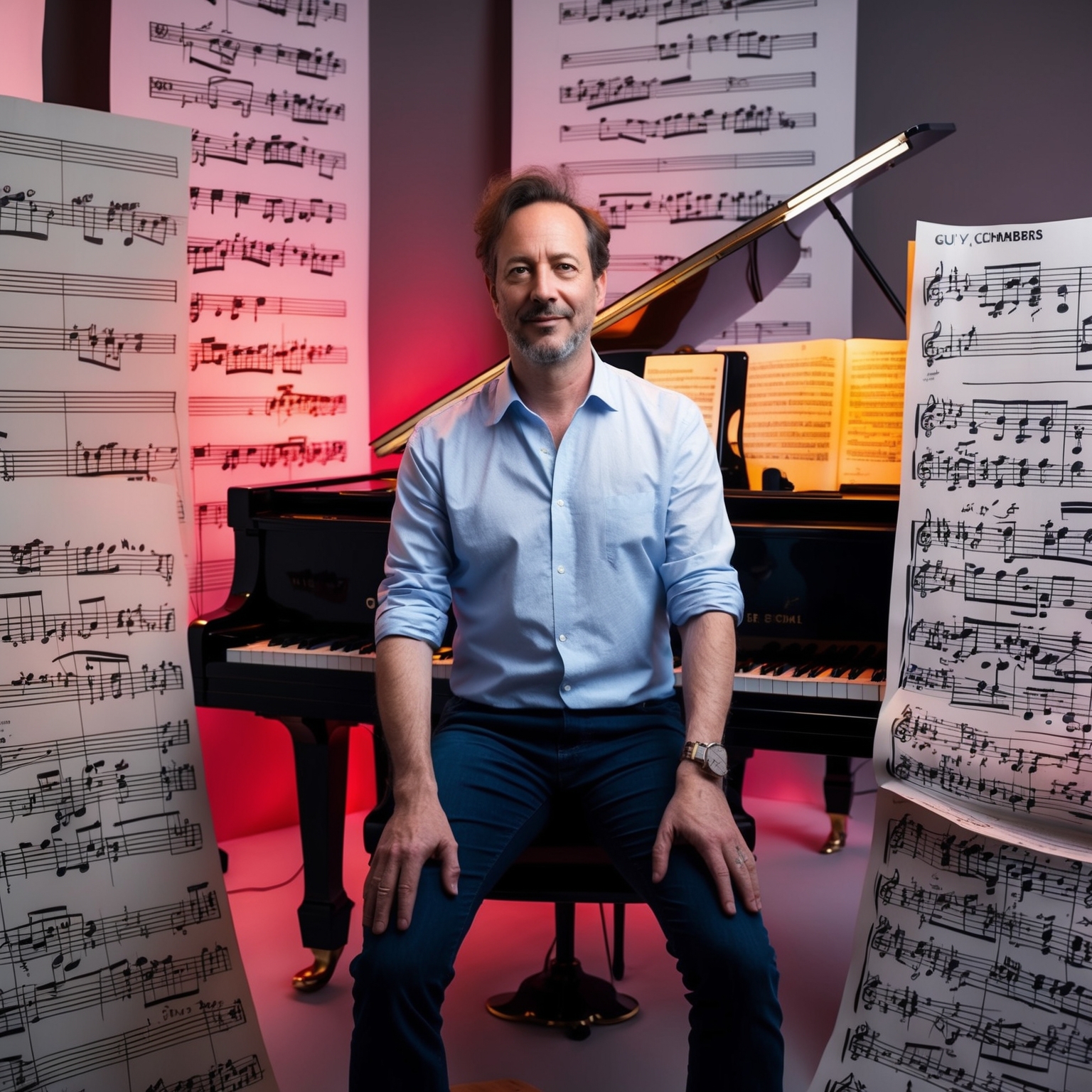 A portrait of Guy Chambers, British composer, at a piano in a studio setting, surrounded by musical notes and sheet music, evoking a creative and artistic atmosphere, with a hint of 1990s pop culture elements. The environment should reflect a blend of classical influences and modern pop vibrancy.