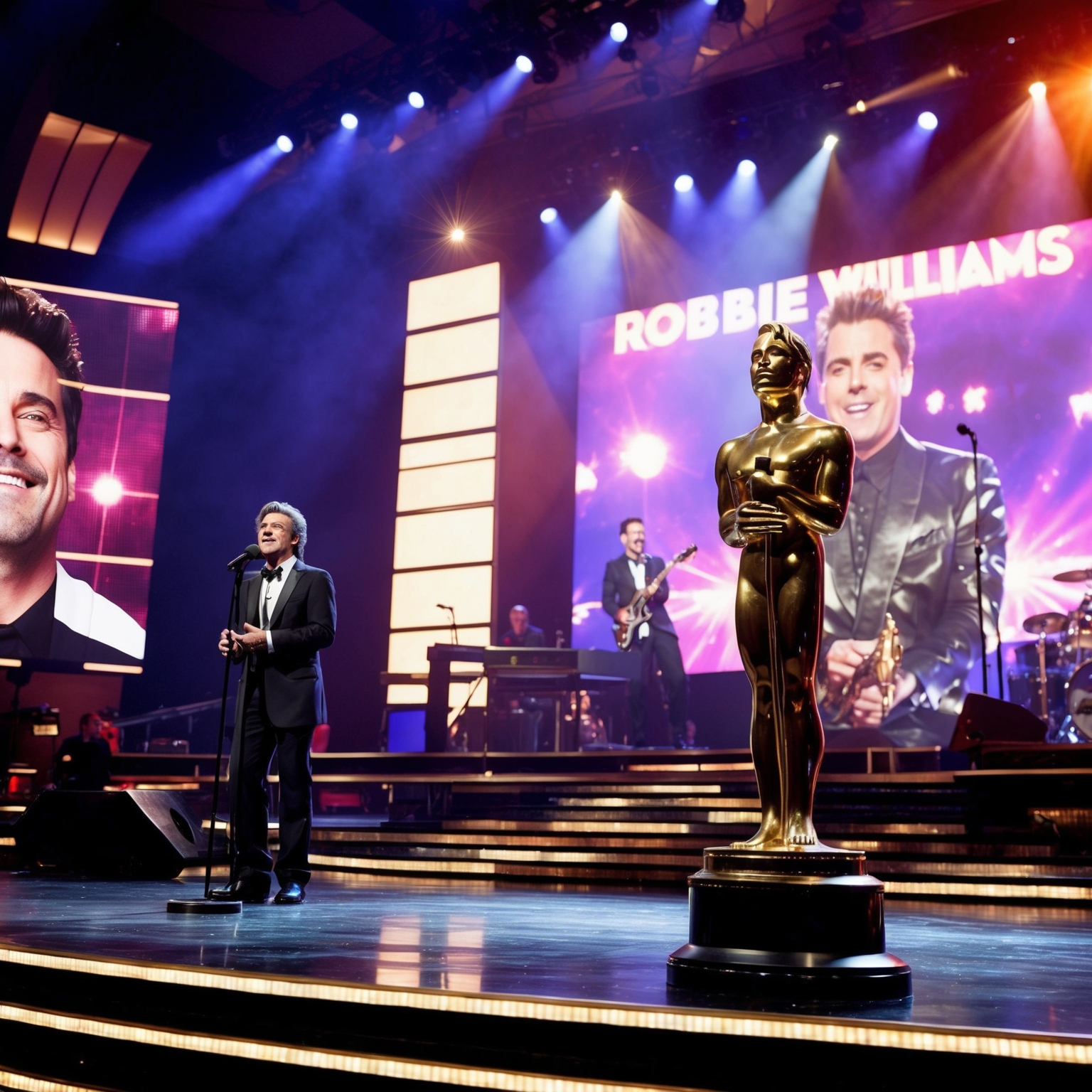 Create an image that depicts a lively awards ceremony scene in a grand venue, with spotlights illuminating a statuette symbolizing musical achievement. Include an artist performing on stage with a backdrop showcasing Robbie Williams. Integrate visuals that suggest the 1990s era, capturing the essence of pop culture at the time.