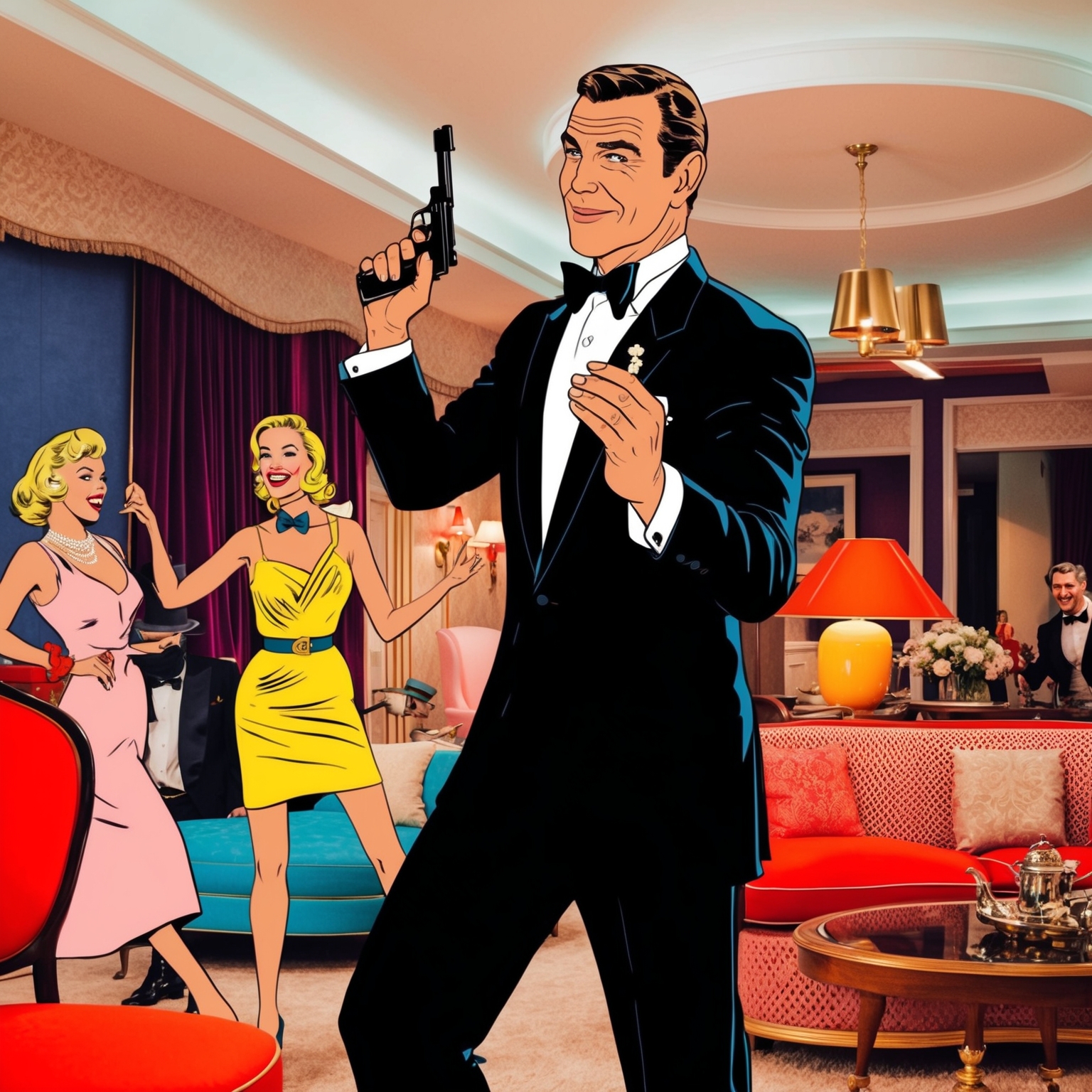 Design a scene illustrating a suave gentleman in a tuxedo, reminiscent of a James Bond spy film, engaging in a playful and glamorous setting. There should be vibrant colors, vintage style elements, and a touch of humor, indicating a parody of classic espionage films.