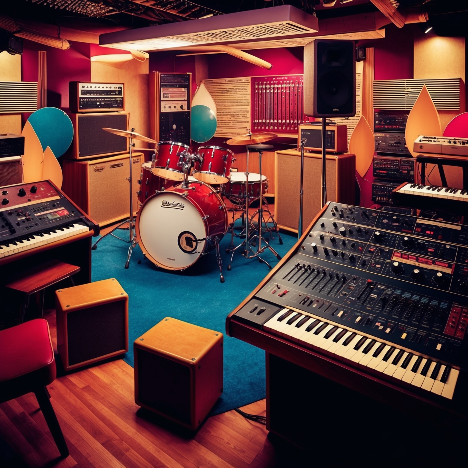 Create an evocative illustration of a recording studio in the 1990s featuring retro music equipment and instruments like guitars, drums, synthesizers, and string sections. It should capture the creative ambiance reminiscent of a pop song recording session with vibrant and warm lighting to evoke the energy and innovation of late 