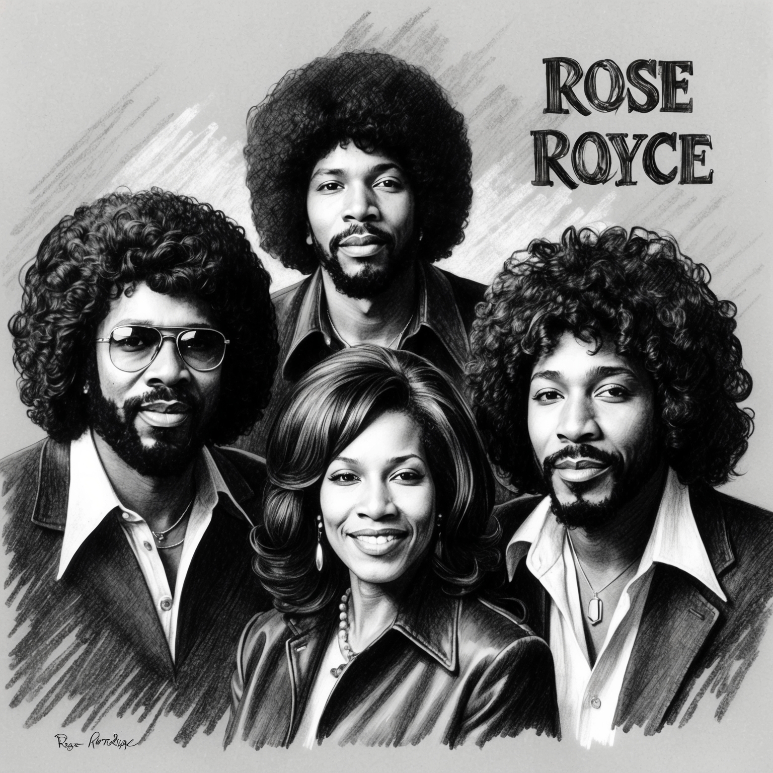 Create a charcoal, stylistic drawing of the band Rose Royce. The artwork should be black and white with a half-finished feel, capturing the essence of the 1970s funk and soul era.