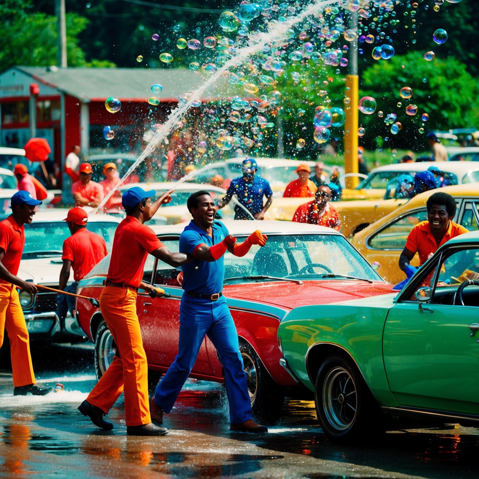 A lively and colorful scene at a bustling 1970s car wash, workers energetically washing cars with vibrant bubbles floating around, radiating a sense of community and joyful camaraderie.