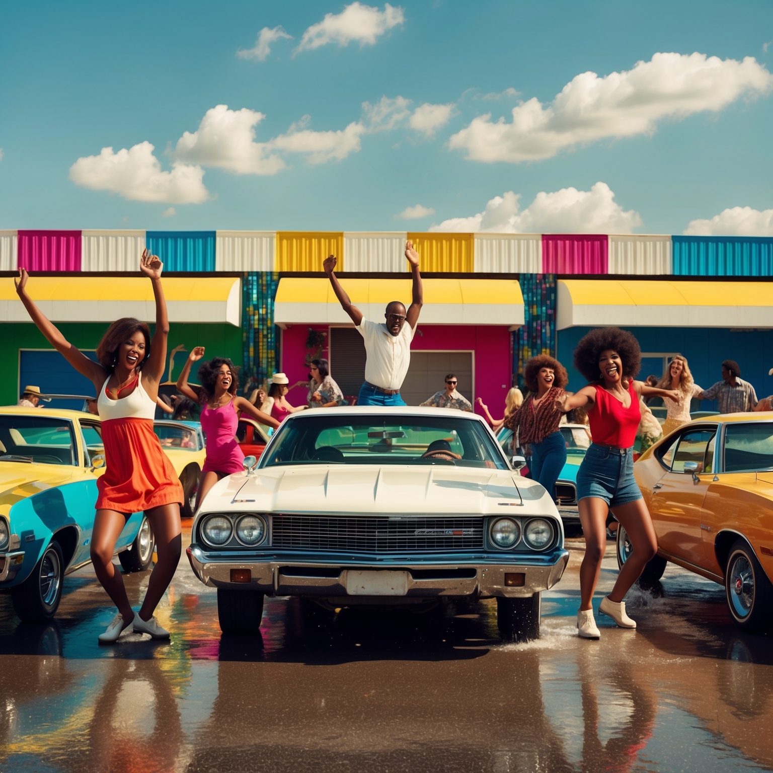 A lively scene at a 1970s-style car wash, featuring people dancing energetically around vintage cars with colorful backgrounds, capturing the upbeat and fun spirit of the disco and soul era, evoking a sense of joy and nostalgia.