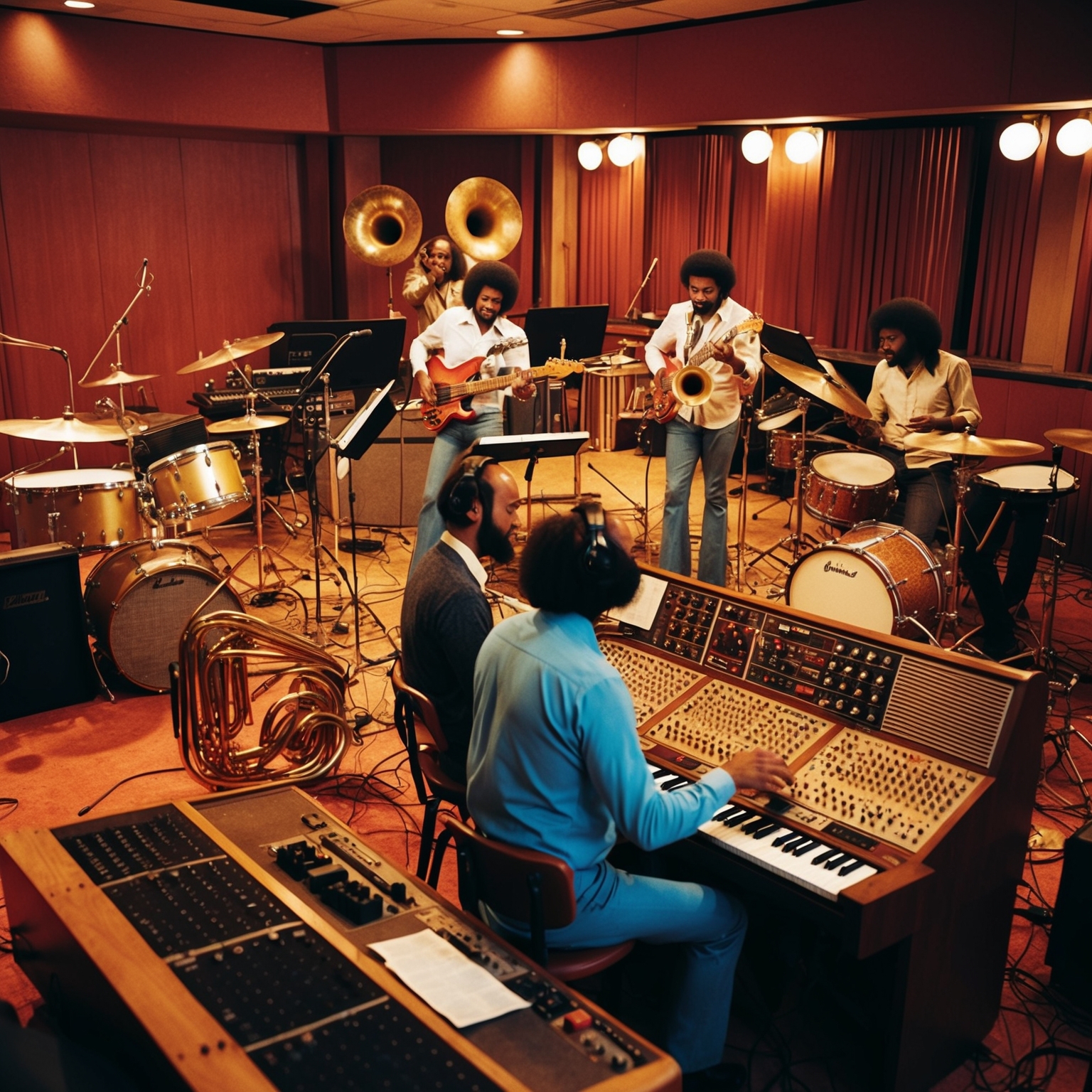 A vibrant studio scene capturing a 1970s band recording session filled with vintage instruments like bass guitars, brass sections, and dynamic percussion. The atmosphere evokes creativity within a classic disco-funk ambiance, with sound engineers diligently at work.