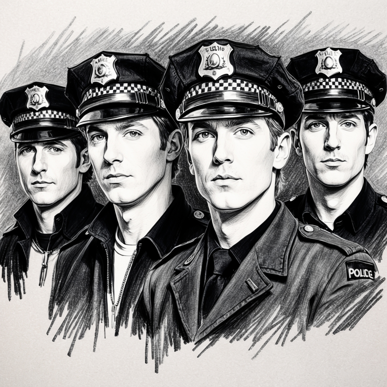 A black and white charcoal, stylistic drawing of The Police band members. The portrait should have a half-finished feel, capturing the essence of the band in an artistic, textured manner. Each member is distinct, with emphasis on their defining features and charisma.