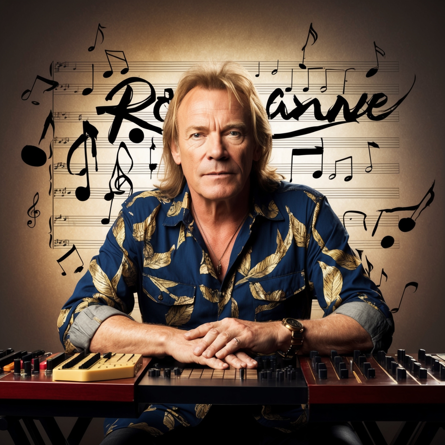 An artistic representation of Sting, capturing him in a moment of composition, with musical notes and instruments surrounding him, evoking the creative process behind 