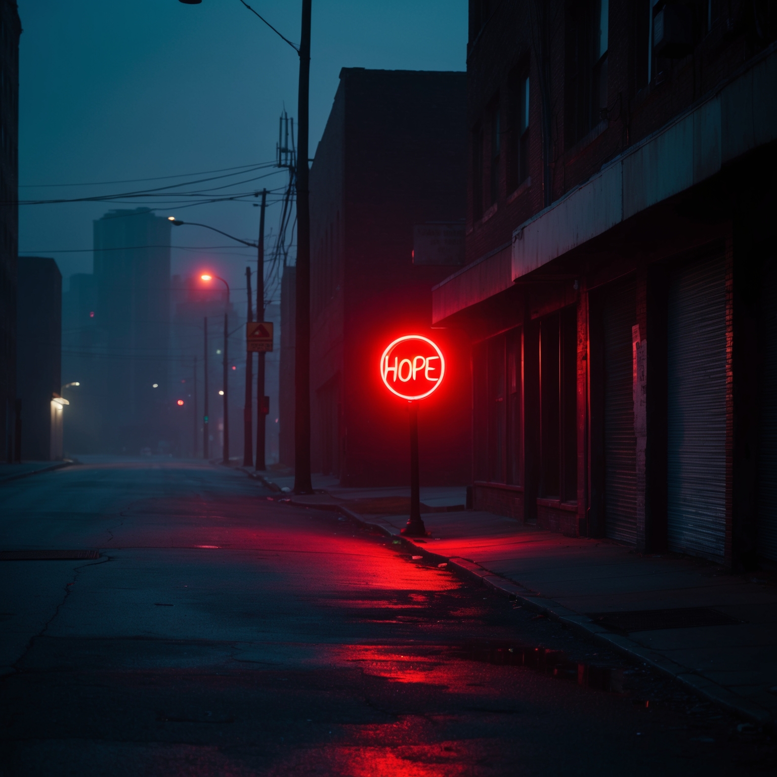 A dimly lit street with a red neon light glowing, evoking the mood of a 1970s urban setting, capturing the essence of vulnerability and hope intertwined.