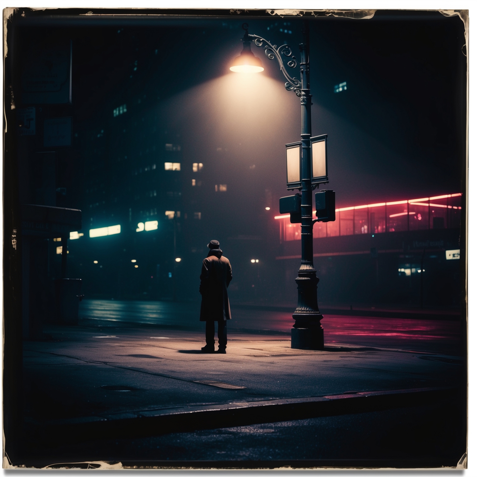 Create an image depicting a moody urban nightlife scene with a lone figure under a streetlight, reflecting a vintage aesthetic. The cityscape is filled with shadows and soft neon lights, encapsulating a nostalgic yet timeless vibe.