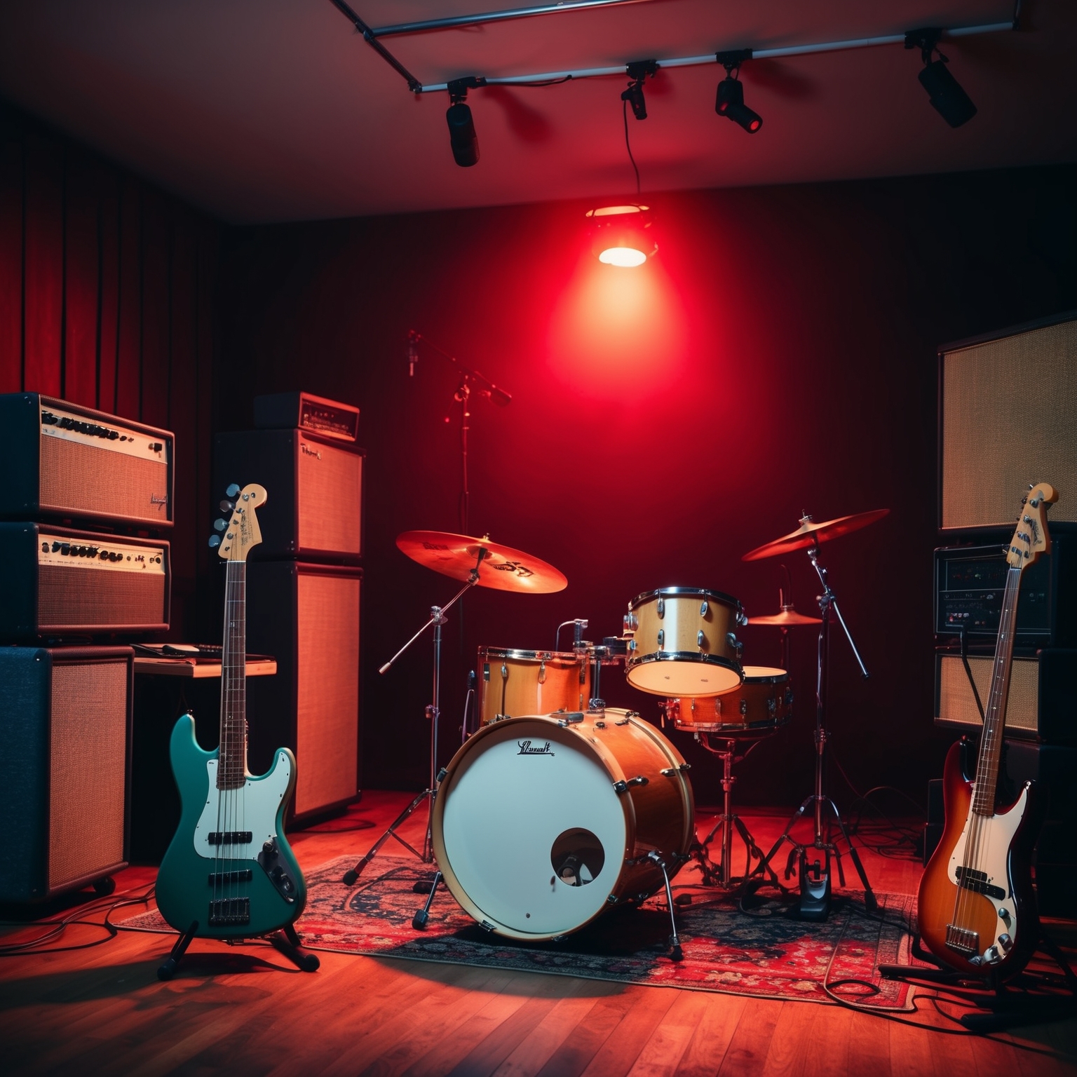 A digital artwork capturing a music studio with vintage equipment from the late 1970s. Showcase instruments like a guitar, bass, and drum set to reflect the classic rock and reggae sound of the era. The scene should include a mood-setting red light to symbolize Roxanne