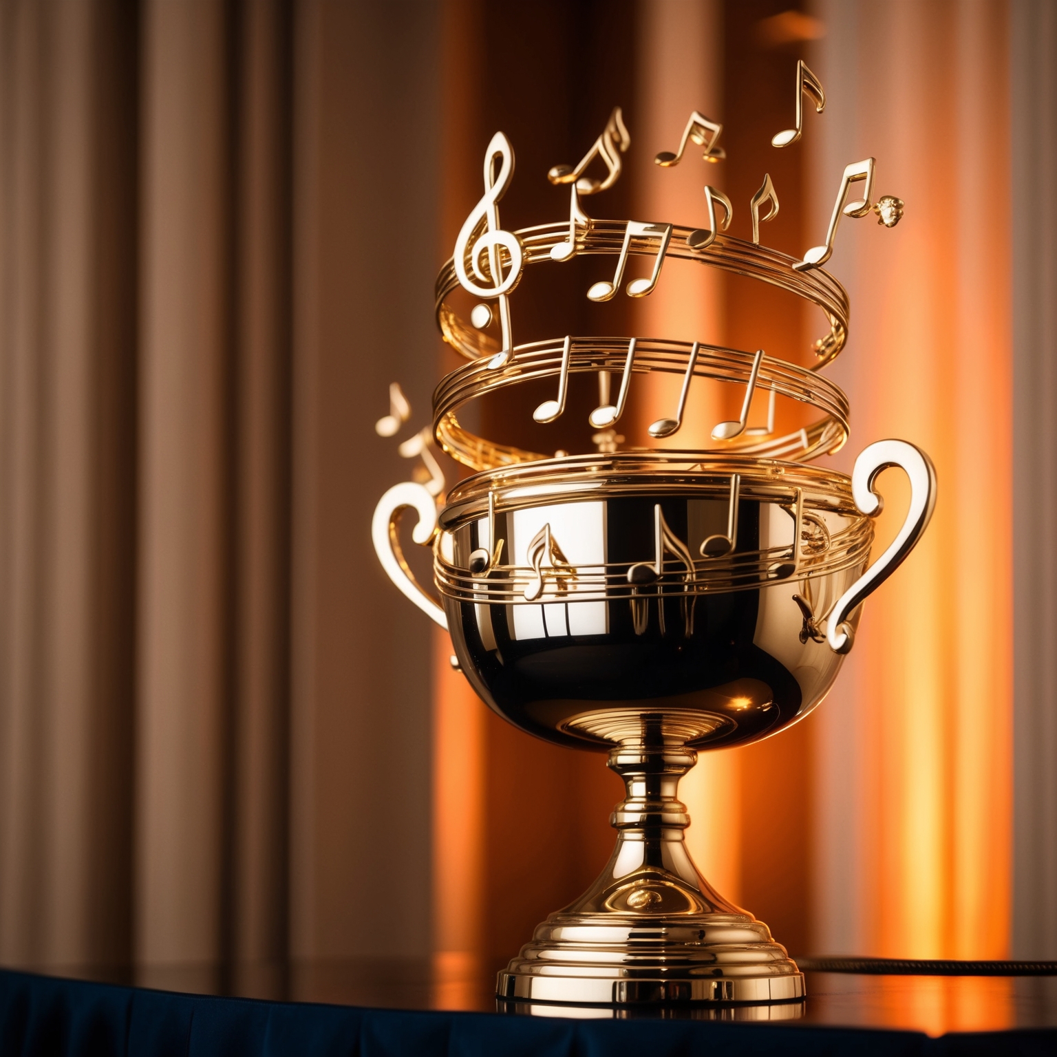 An image capturing a prestigious music award ceremony, with focus on a shining trophy adorned with musical notes, surrounded by a warm ambient light, symbolizing the accolades received by a timeless song. Include elements that reflect a classical and elegant setting, emphasizing the artistic recognition garnered by a globally cherished melody.