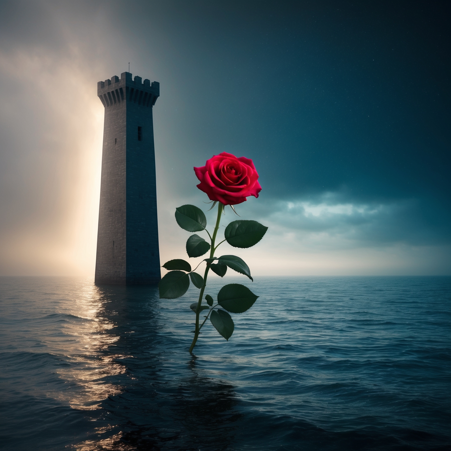 Create an abstract scene depicting a solitary gray tower by the sea with contrasting light illuminating its dark side. Incorporate a rose emerging from the scene, symbolizing beauty and hope amidst gloom. Capture the essence of mystique and romance within a celestial setting. The mood should feel ethereal, with a touch of melancholy, reflective of Seal’s 