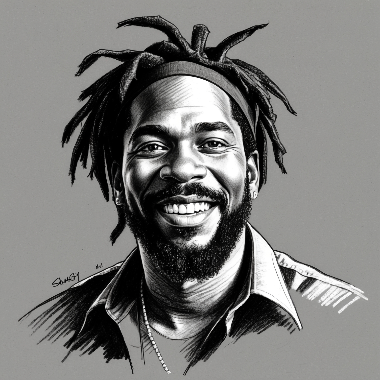 A black and white charcoal portrait of Shaggy, capturing his essence with a half-finished feel. The artist is depicted in a stylistic drawing, emphasizing his charismatic features and the aura of a mid-90s reggae icon.